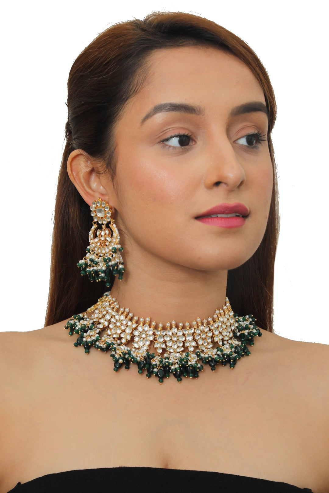 Floral Design Green Gold Plated Choker Set
