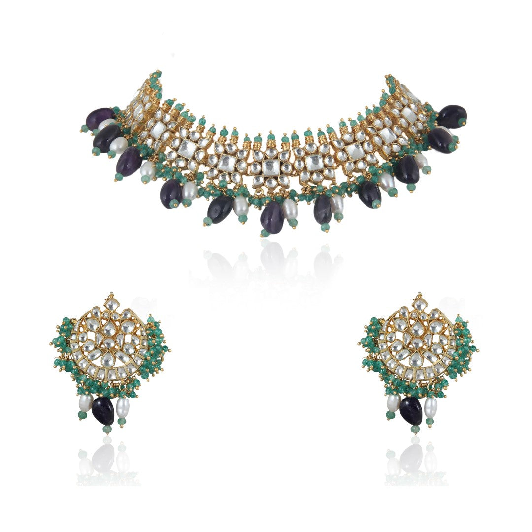 Purple Jadau Choker With Earrings