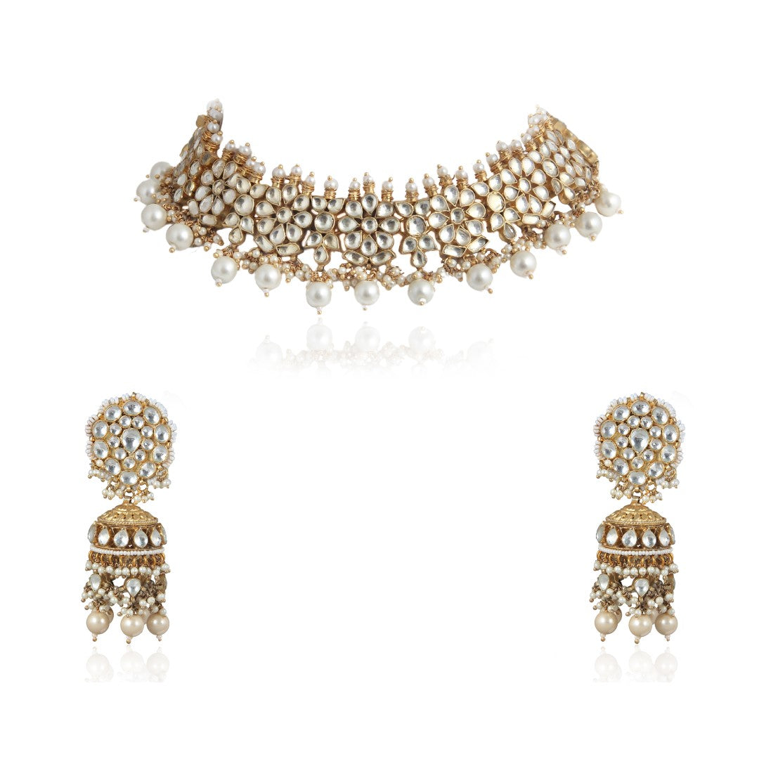 White Pearl Beaded Floral Choker Set