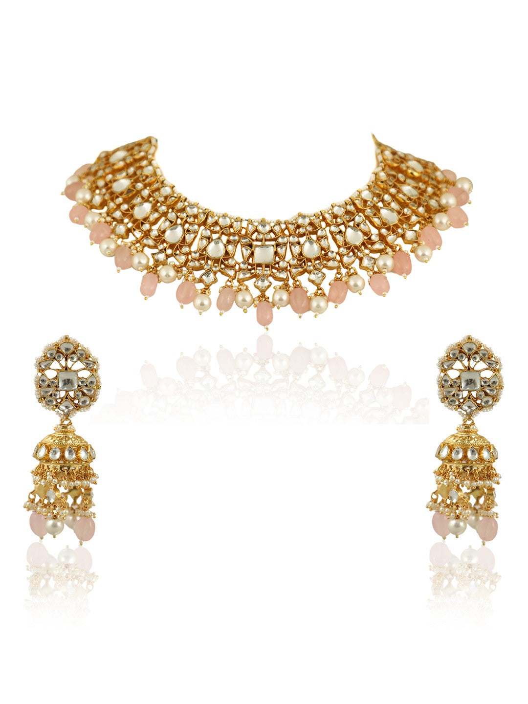 White Necklace Set With Light Pink Beads