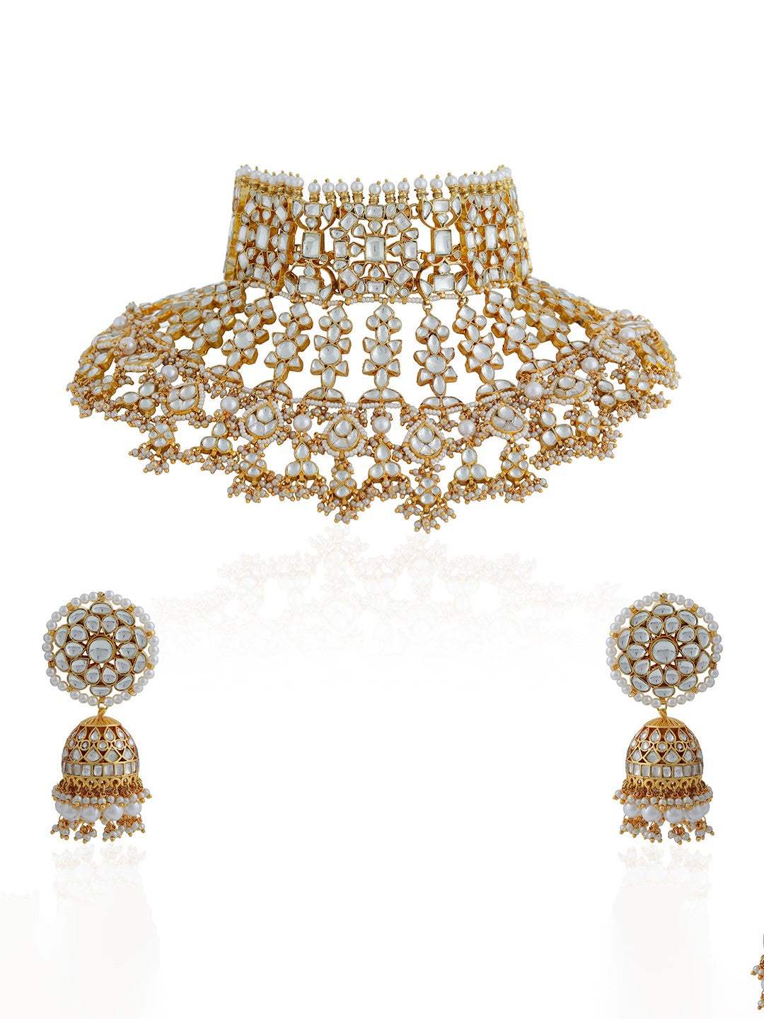 Gold Plated White Bridal Necklace With Jhumki/Traditional Wear Jadau Necklace Set