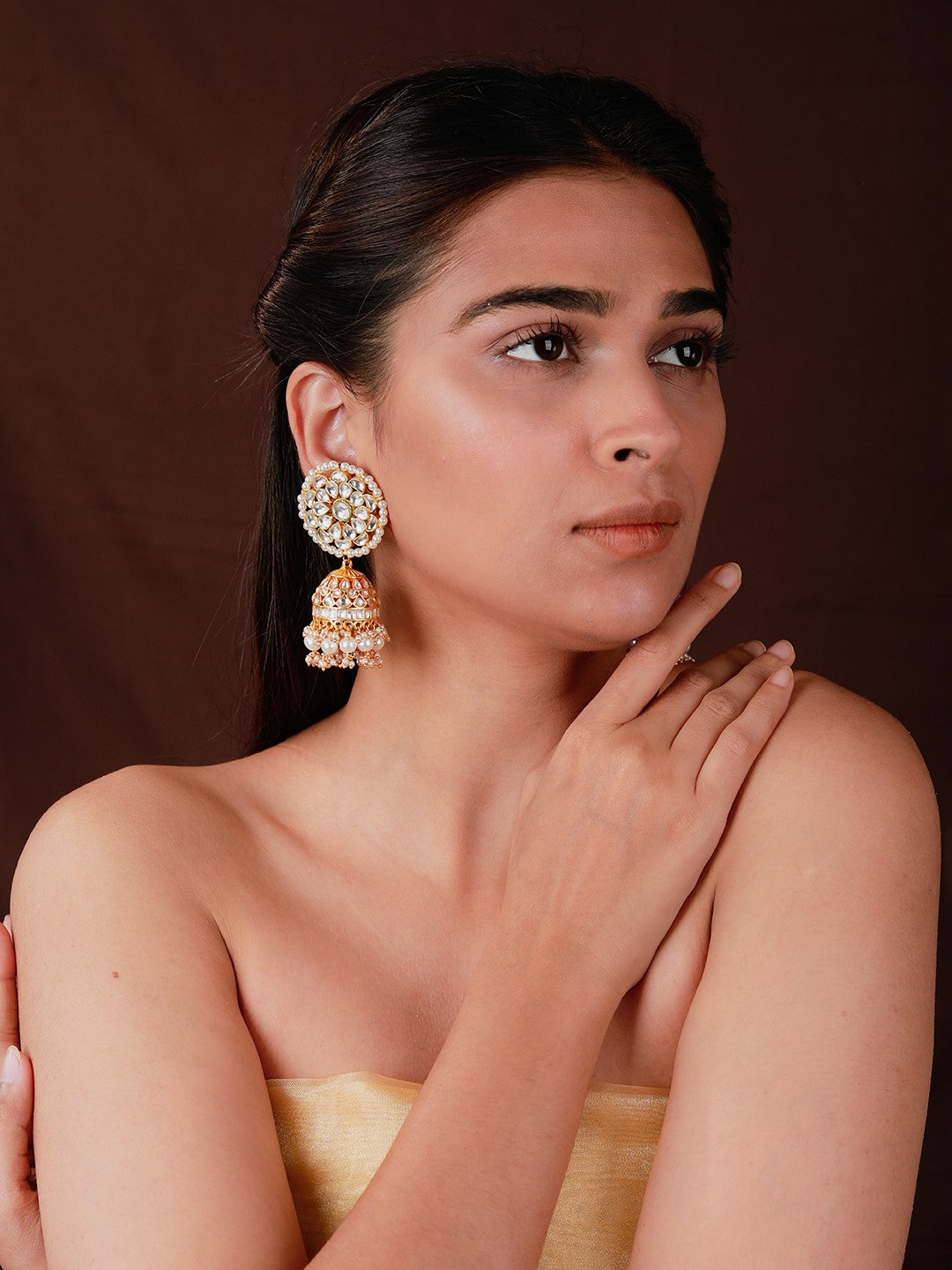 Gold Plated White Bridal Necklace With Jhumki/Traditional Wear Jadau Necklace Set