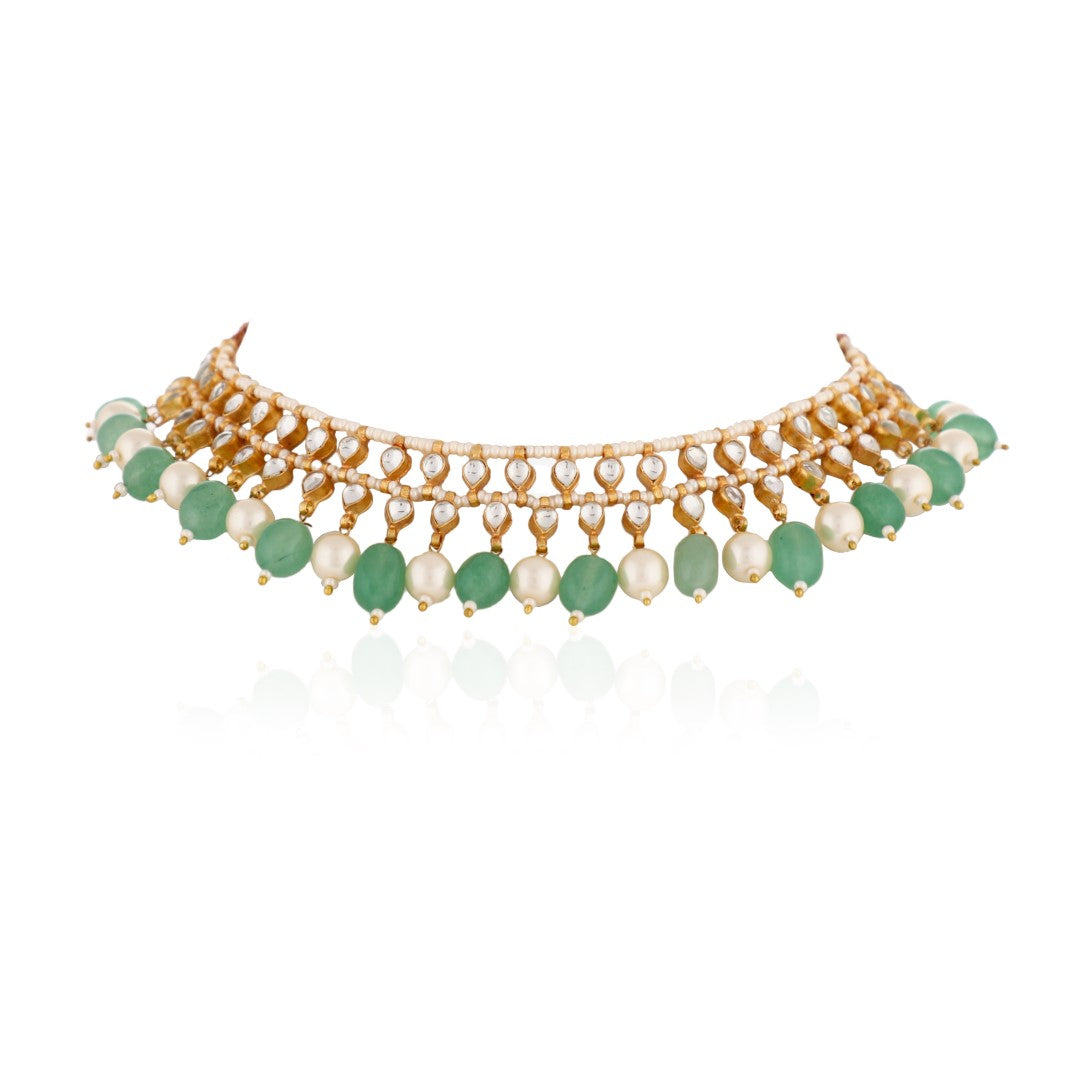 Sea green beaded white pearl choker set