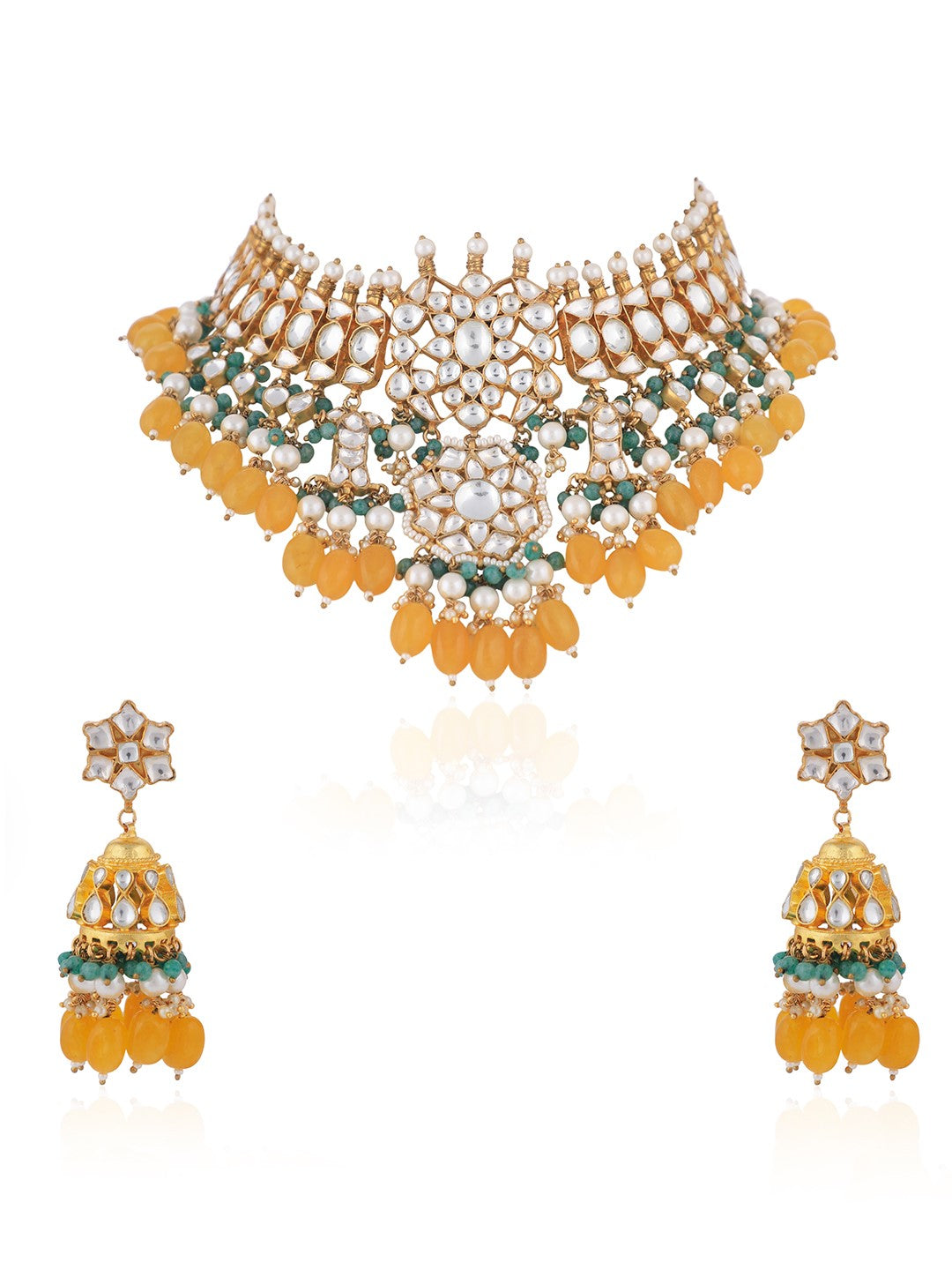 Yellow beads with sea green hangings necklace set