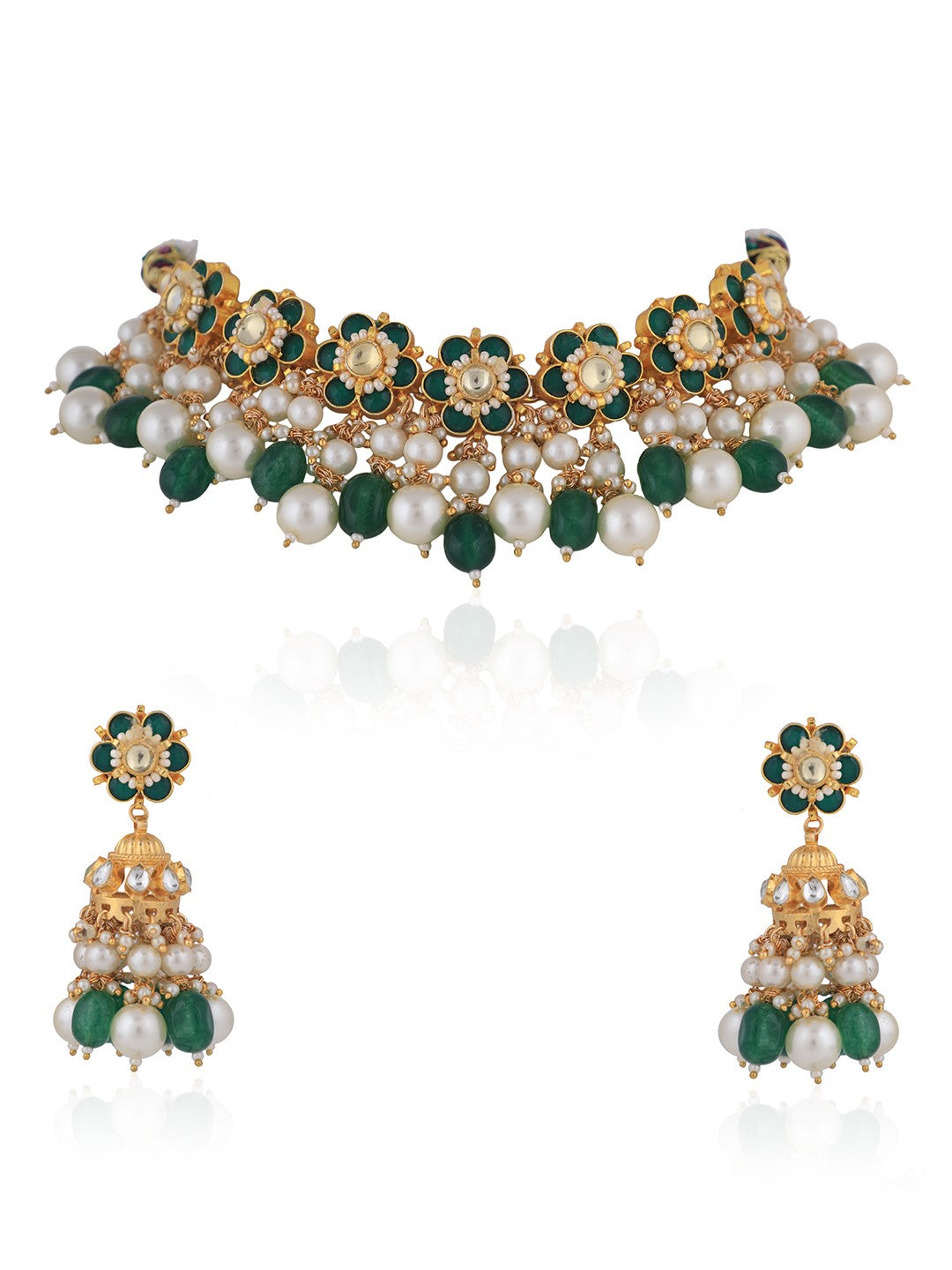 Gold finish green emerald beads choker set