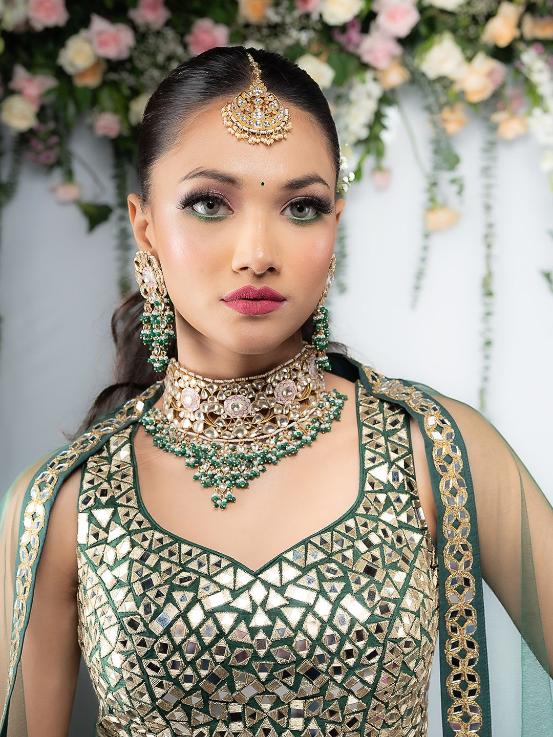 Pink meenakari necklace with green hangings