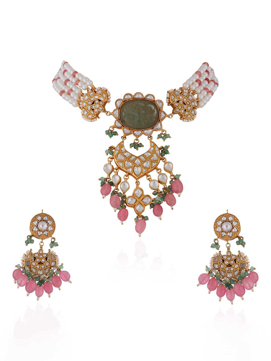 Festive Wear Hand Crafted Emerald Green Elegant Choker Necklace Set With Pearls And Delicate Earrings