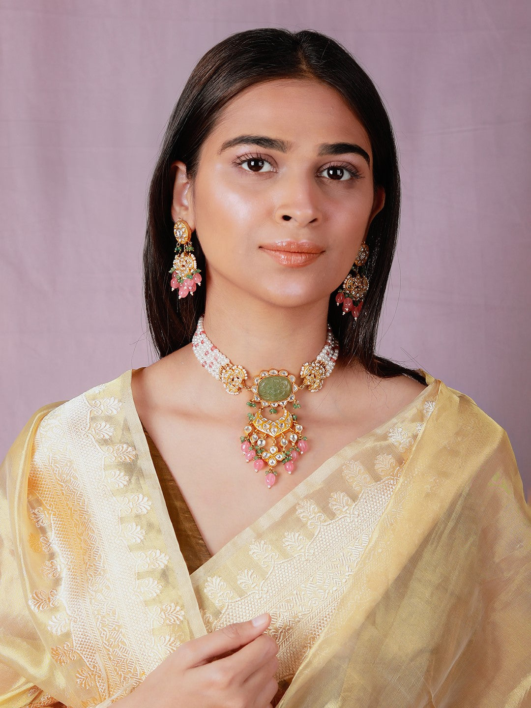 Festive Wear Hand Crafted Emerald Green Elegant Choker Necklace Set With Pearls And Delicate Earrings