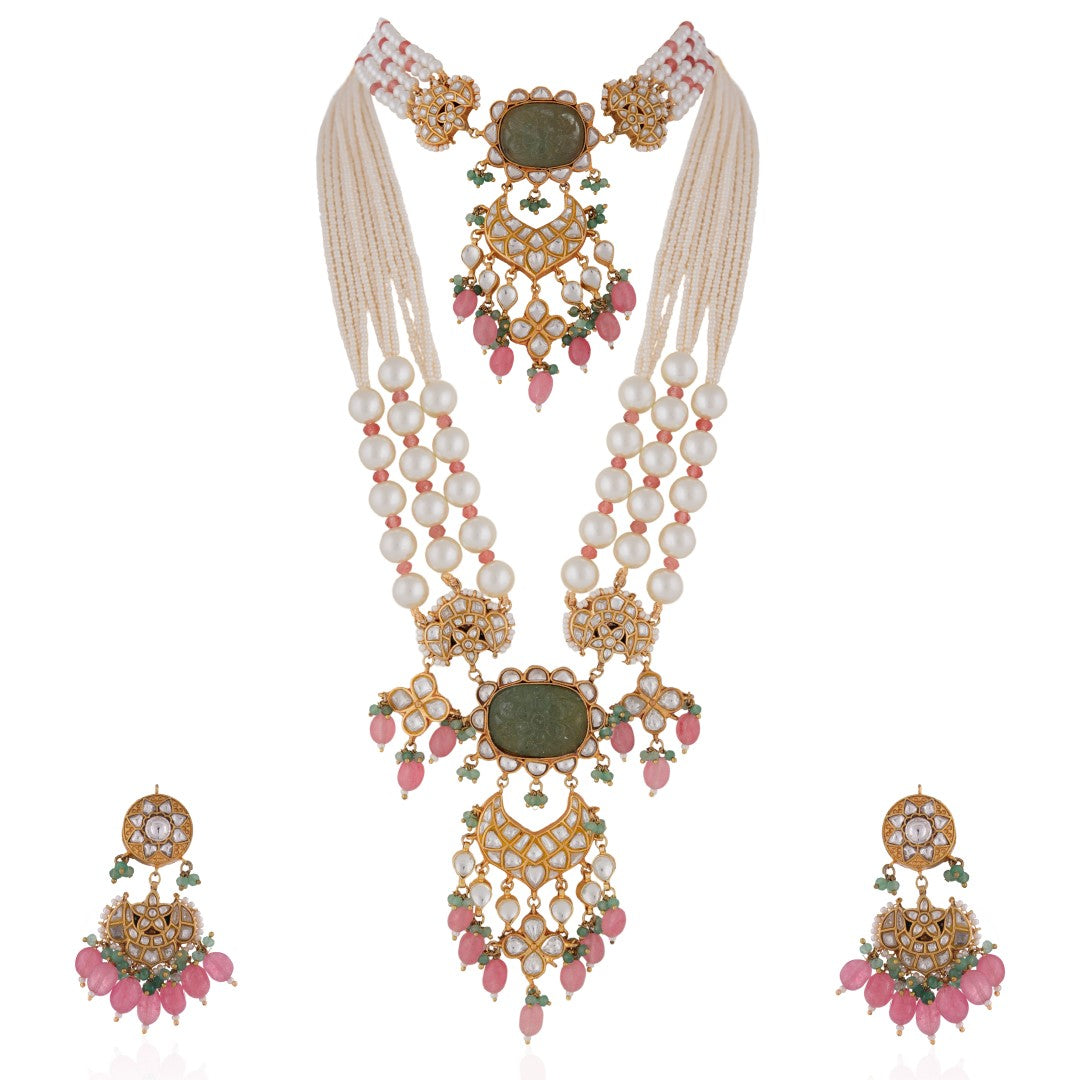 Indowestern Cum Traditional Bridal Necklace Set With Beautifully Carved Jade Stone And Multi Colour Beads In Pastel Shades