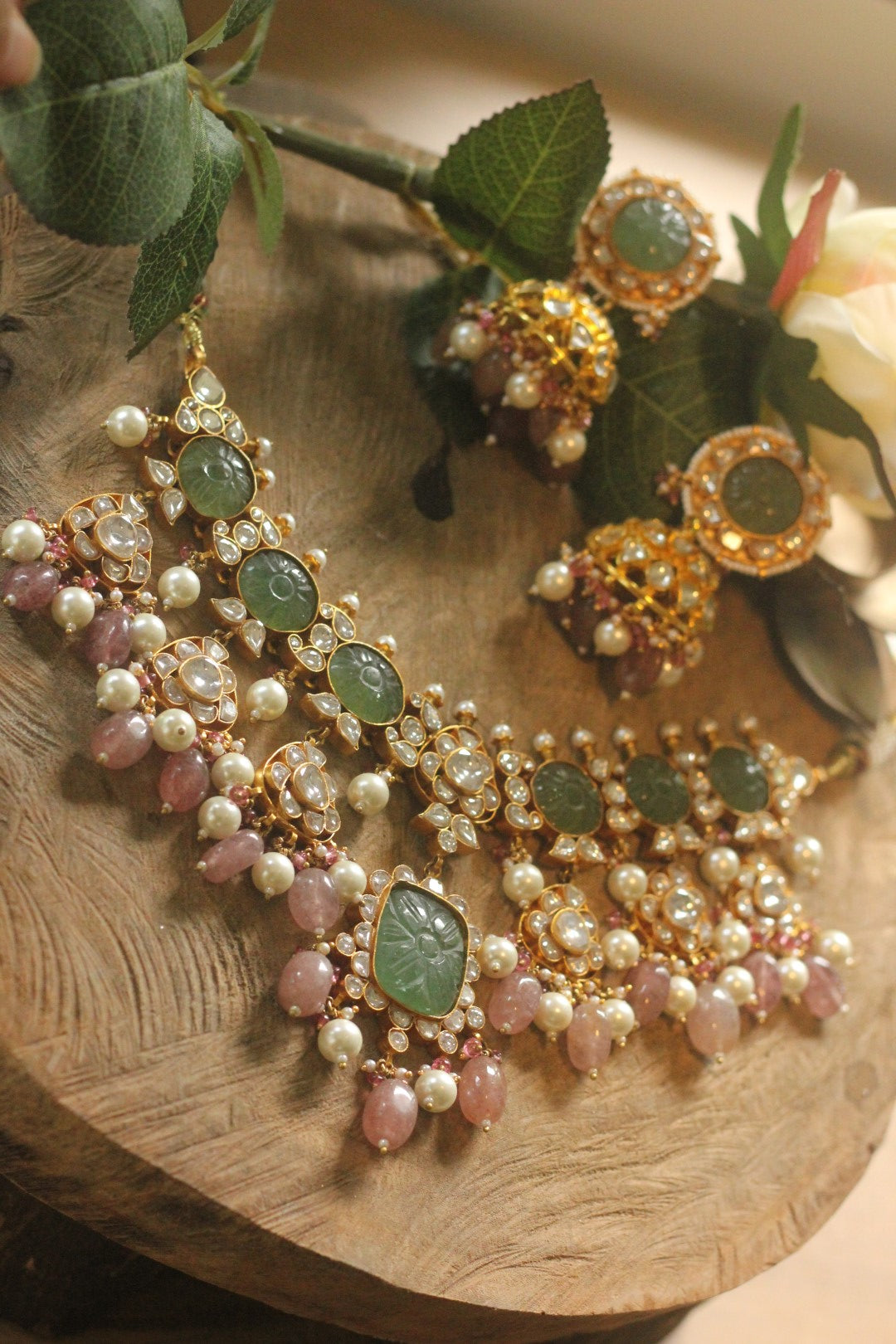 Mint Green Handcrafted Necklace Set With Pastel Drops And Jhumki Earings Perfect For A Destination Wedding