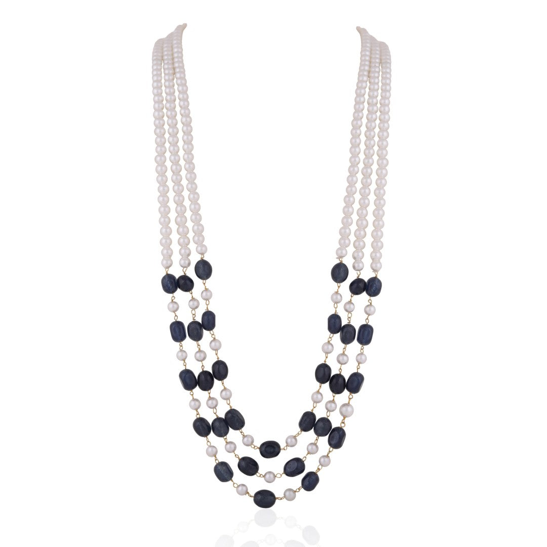 Blue And White 3 Layered Sapphire Gemstone Beaded Necklace Maala