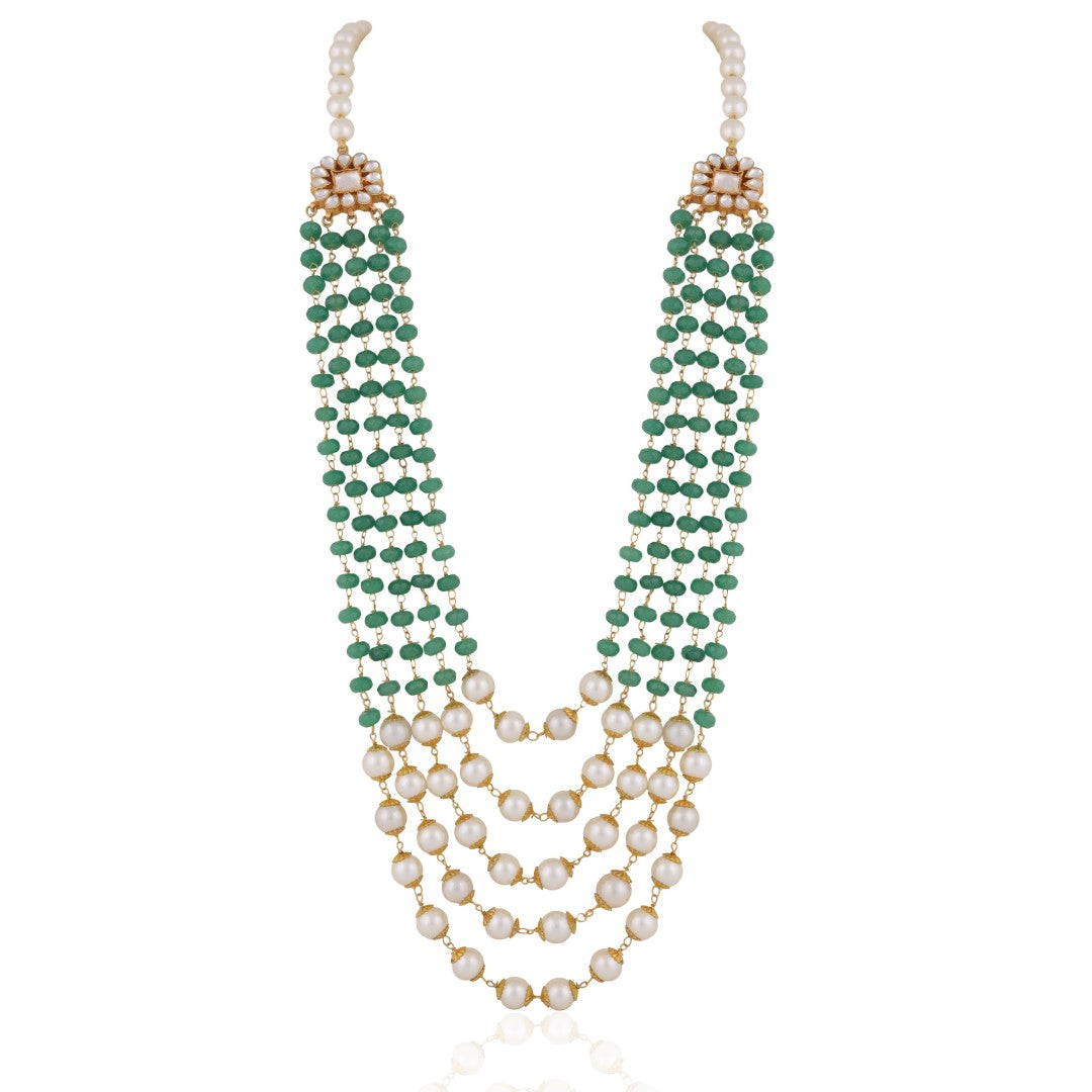 Elegant 5 Line Maala In Emeralds And Pearls Along With Flower Motives And Pearls