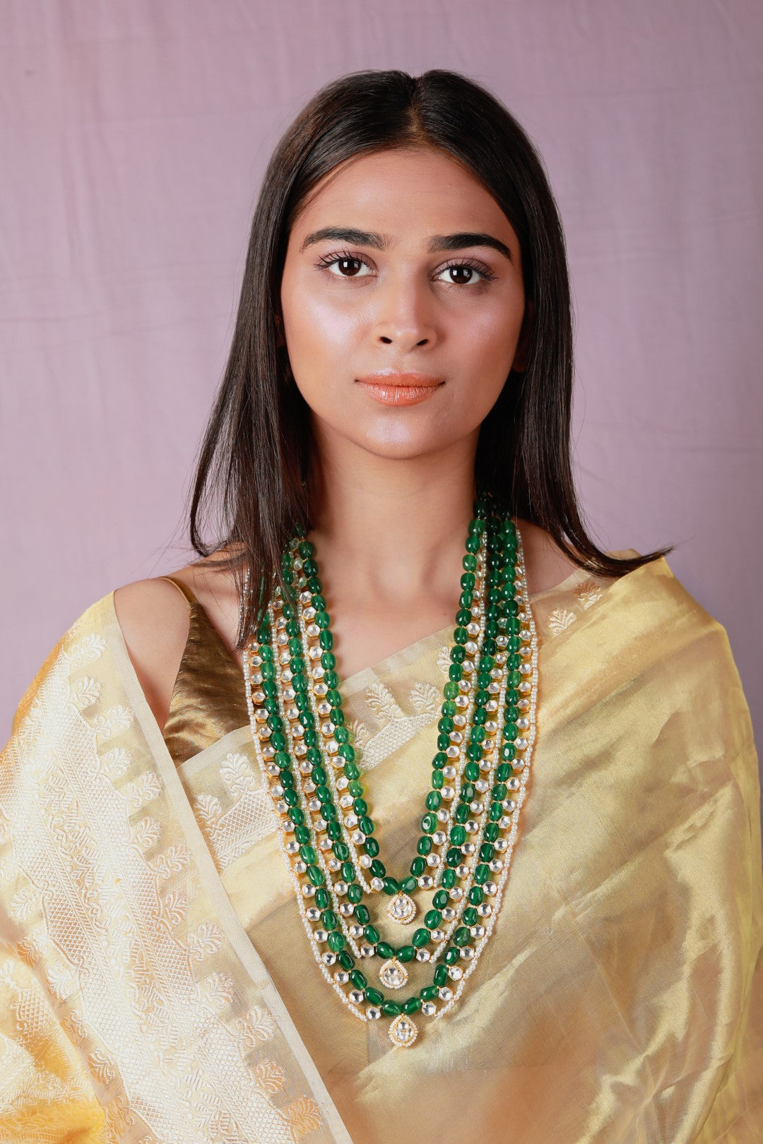 Indian Handcrafted Jade Beaded With Jadtar Stone Necklace Maala For Women Pearl Stone Necklace