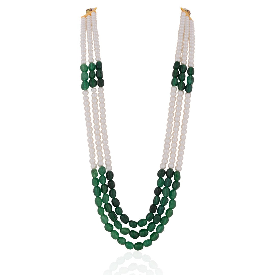 Emerald Green Beaded Maala Three Layered Pearl Necklace