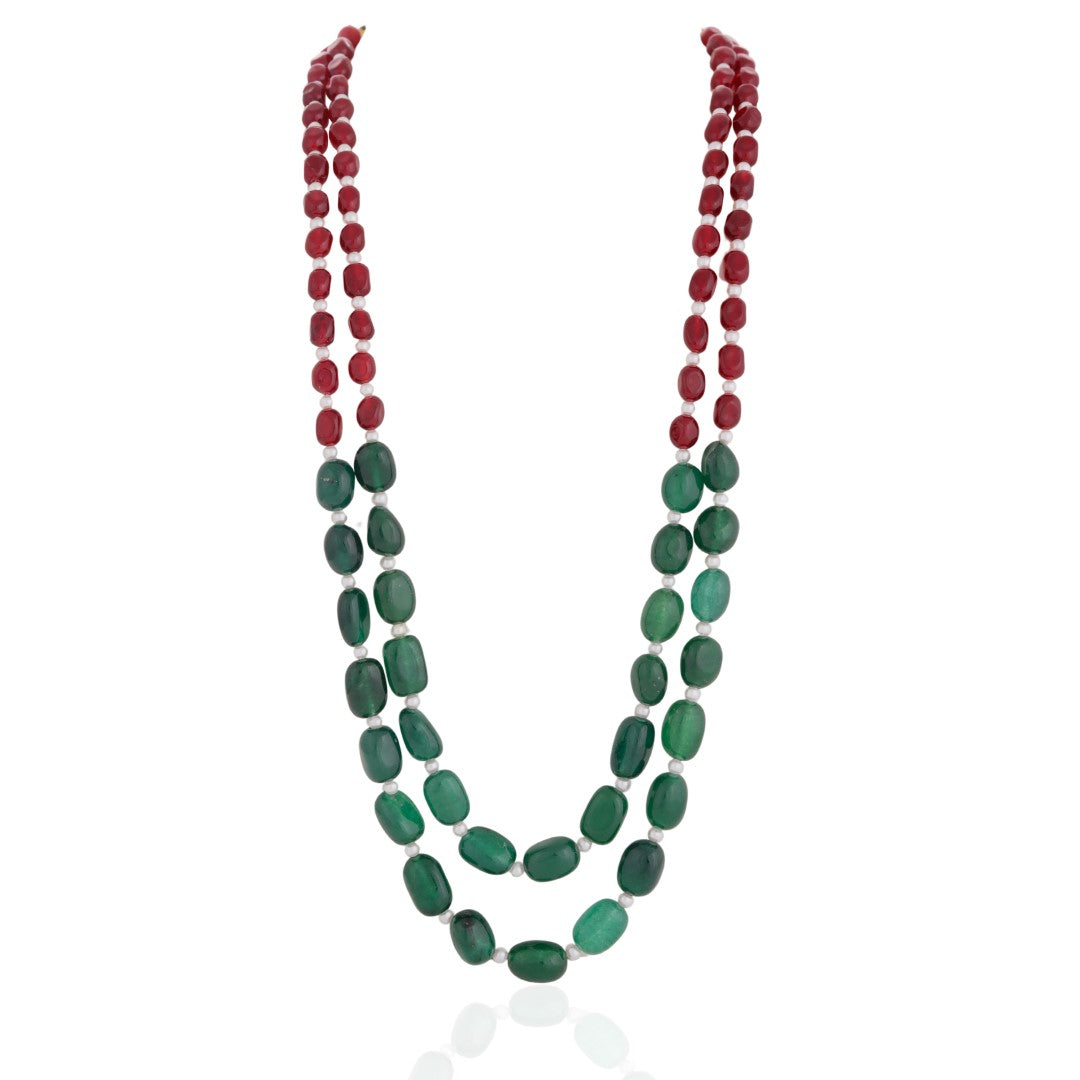 Ruby Tumble Beads And Emerald Green Beads Necklace Maala