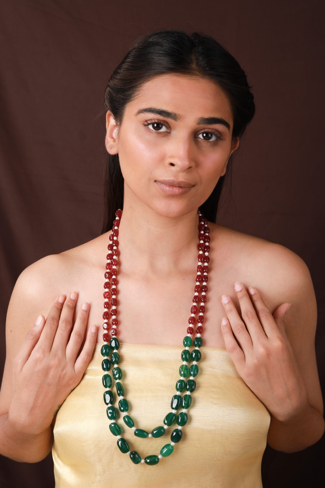 Ruby Tumble Beads And Emerald Green Beads Necklace Maala