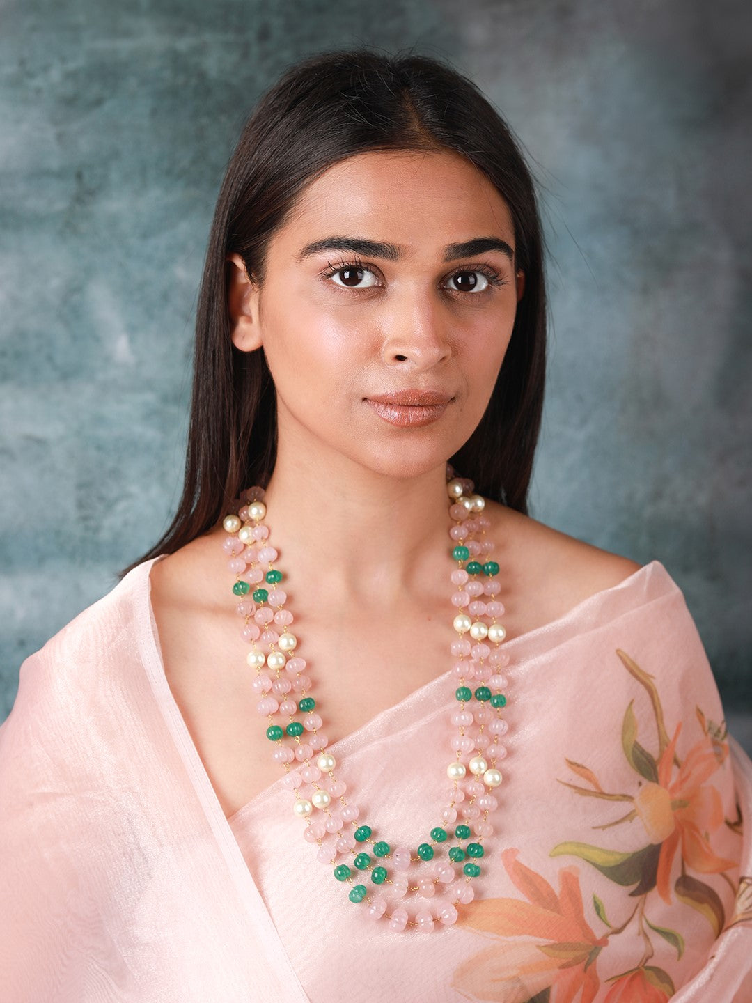 Beautiful Vintage Rose Quartz & Jade Beaded  Maala Necklace For Women