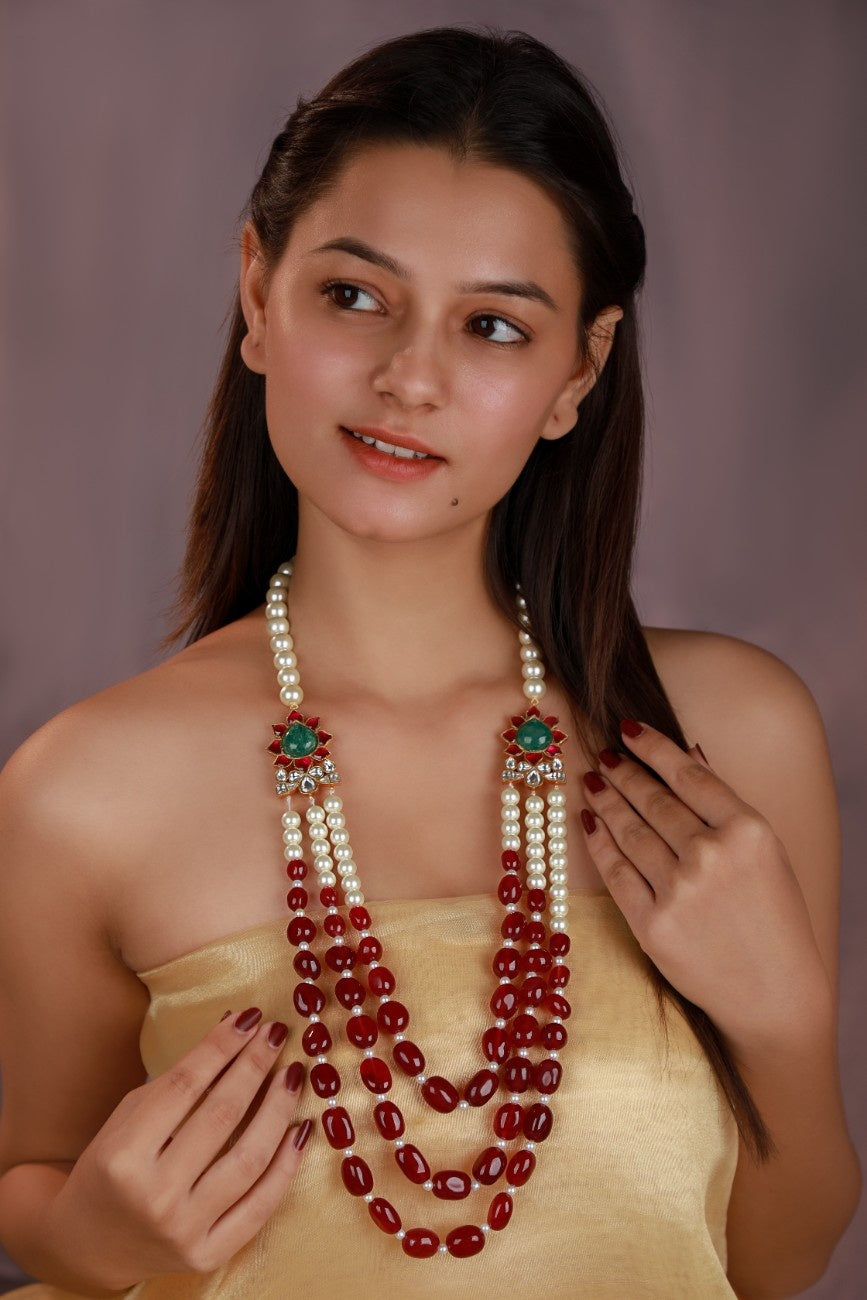 Rajwadu ruby beads and white pearl with lotus motives