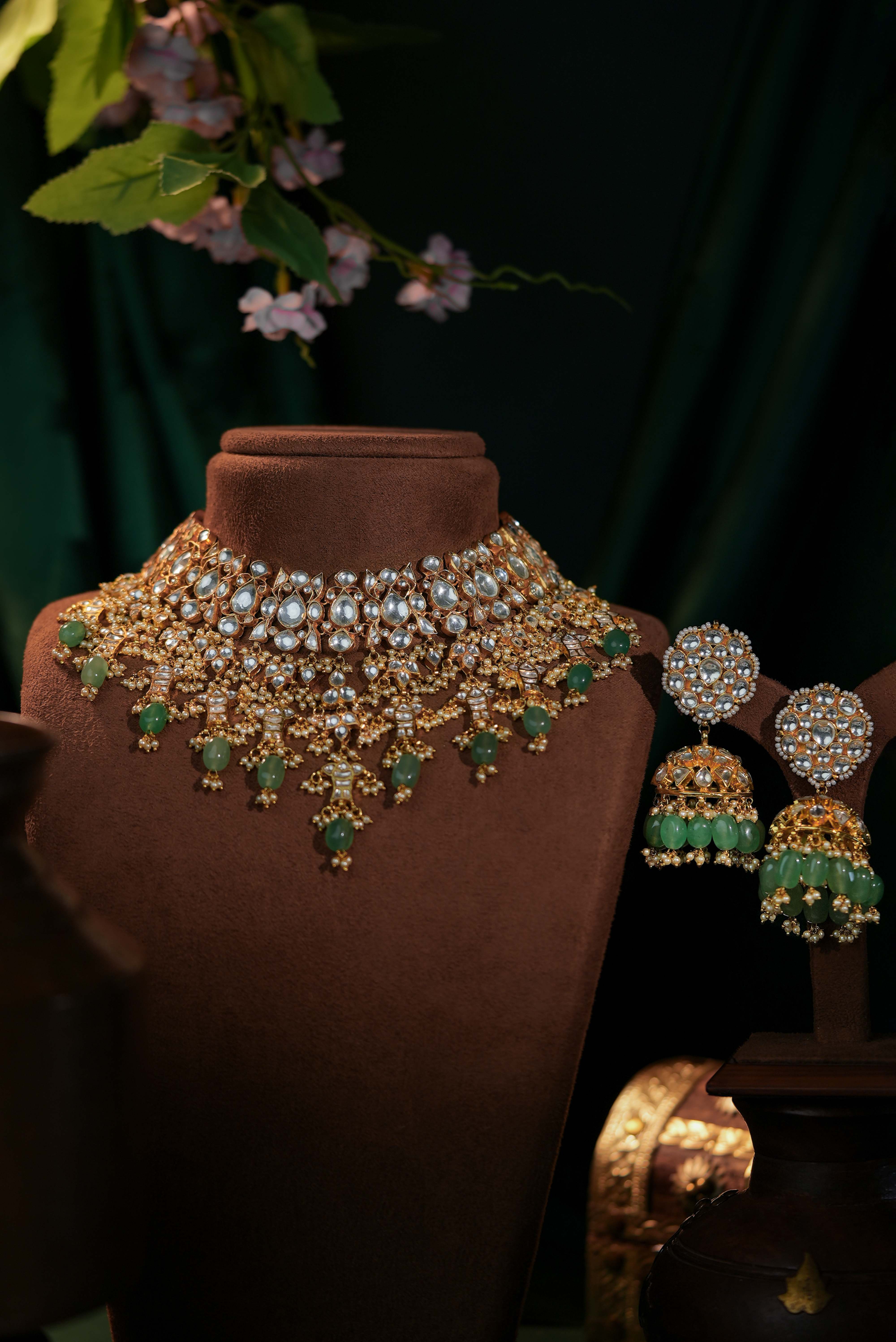 Jade green Bridal necklace with jhumkis