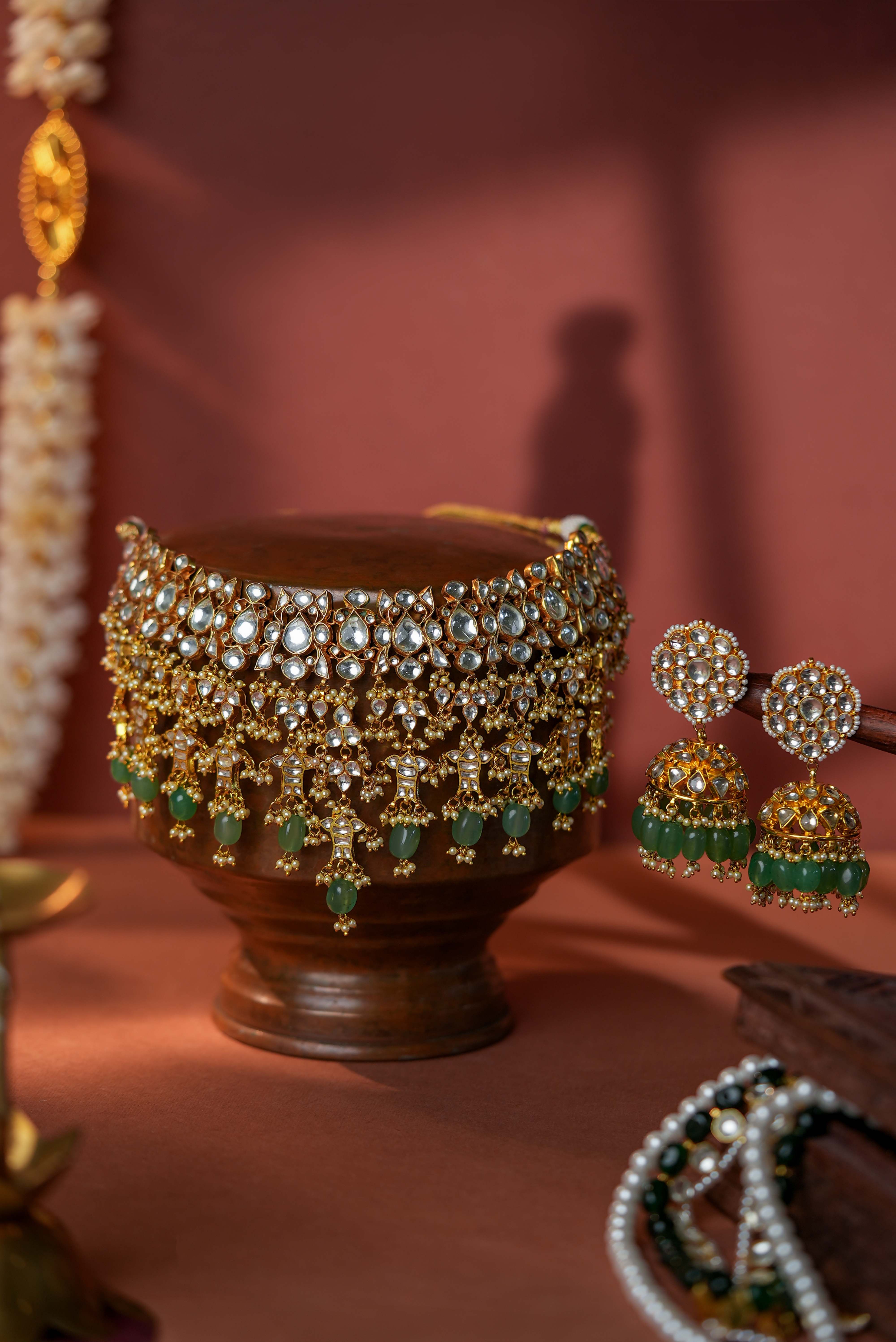 Jade green Bridal necklace with jhumkis
