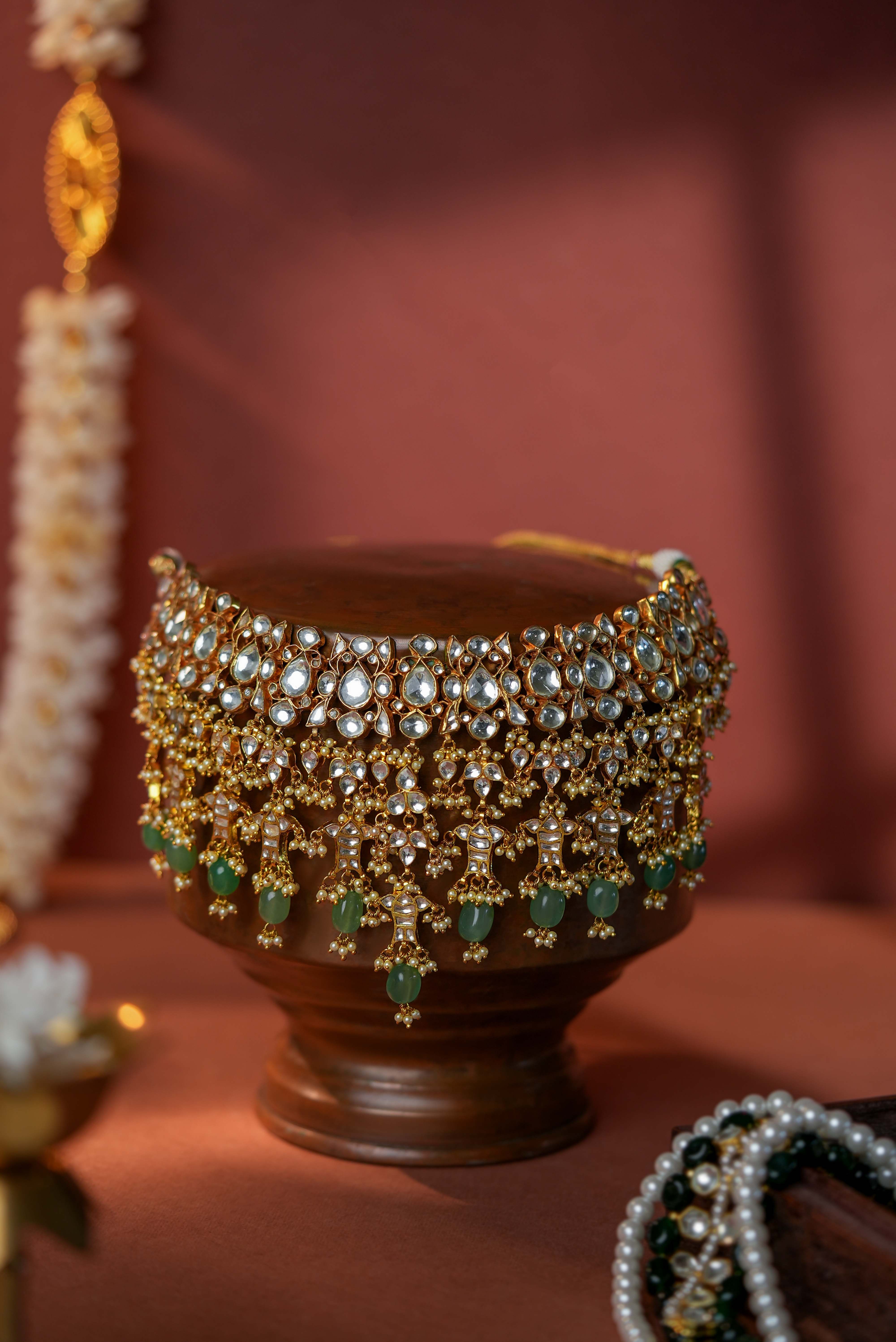 Jade green Bridal necklace with jhumkis