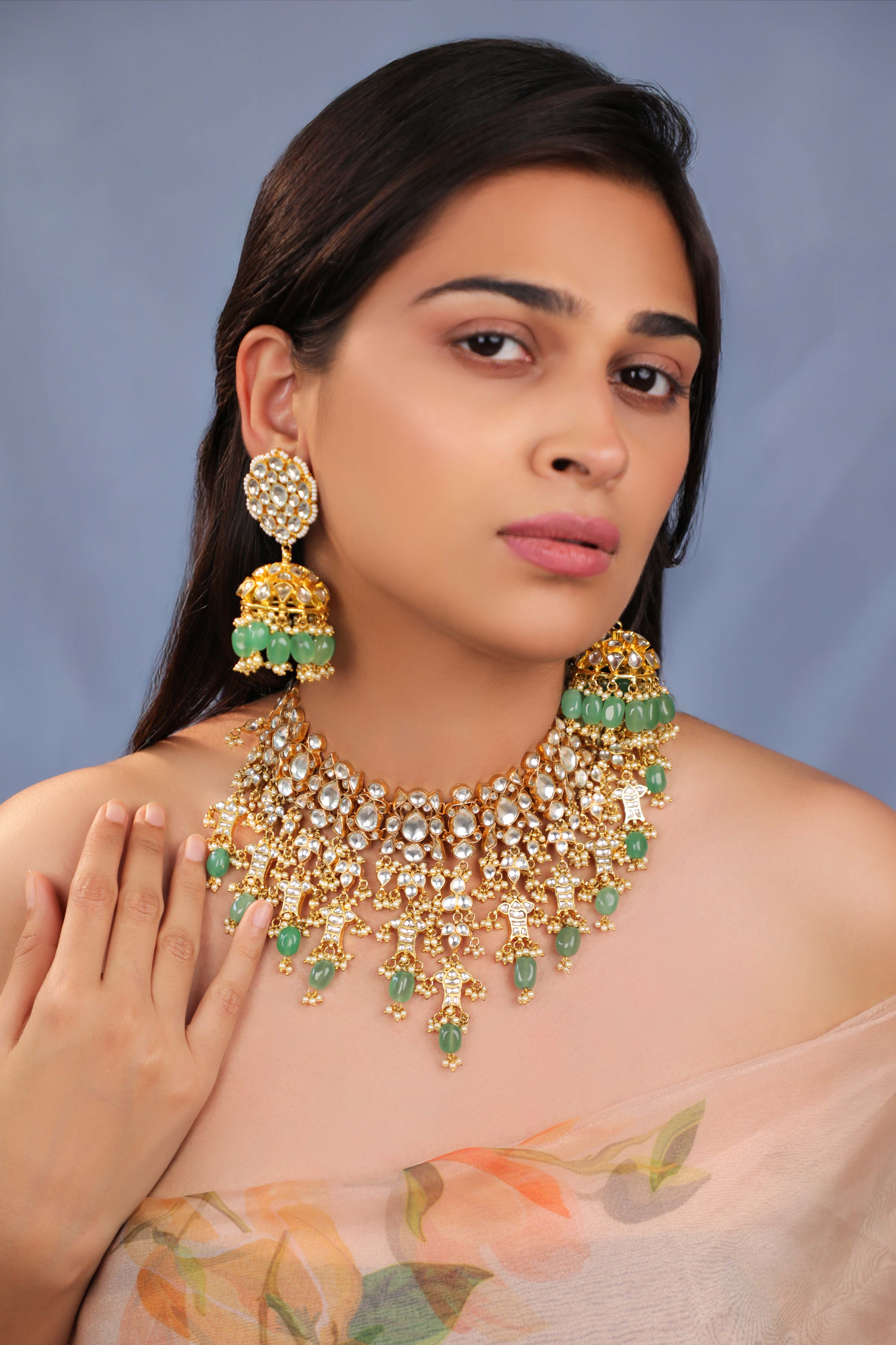 Jade green Bridal necklace with jhumkis