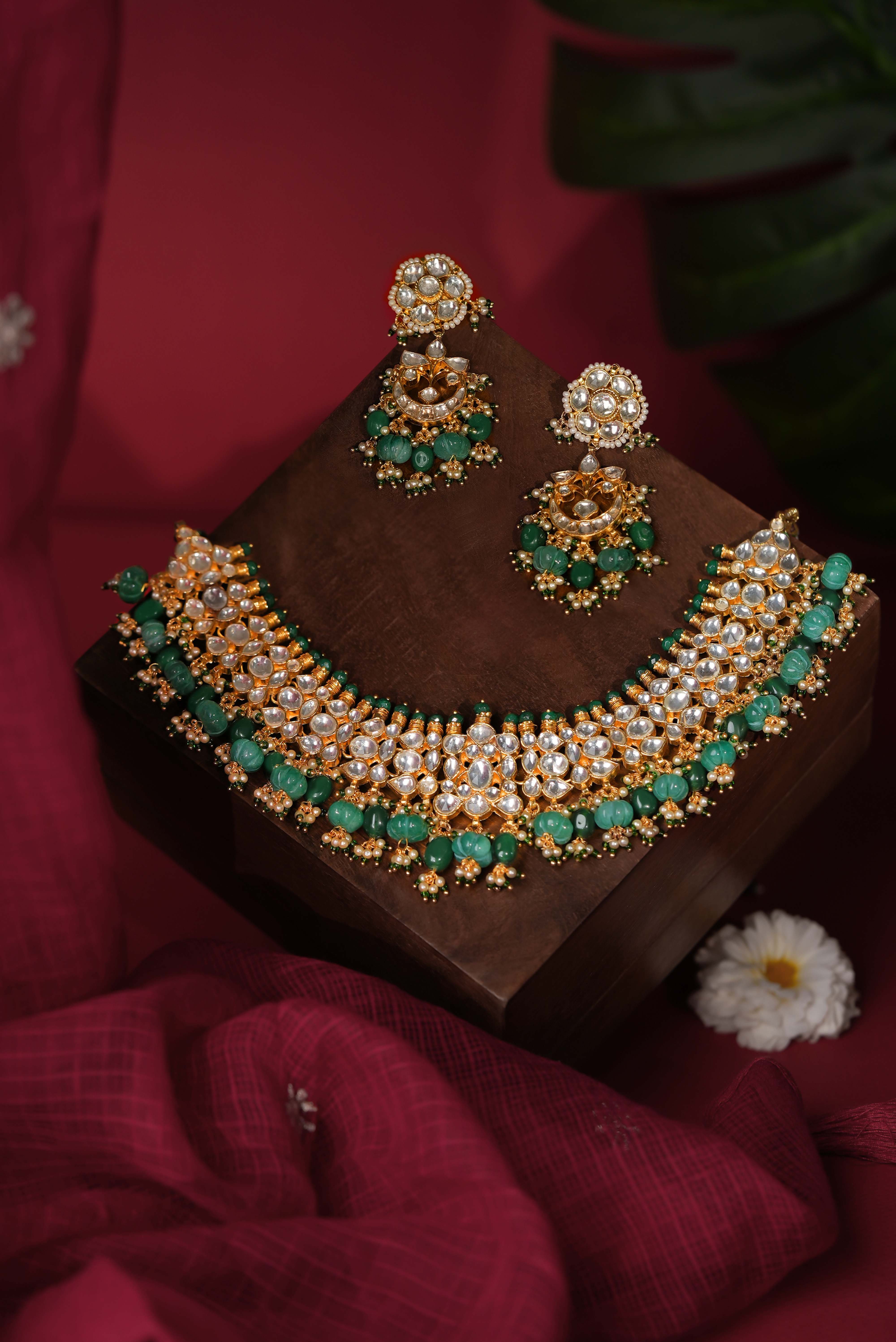 Festive wear choker set with emerald drops