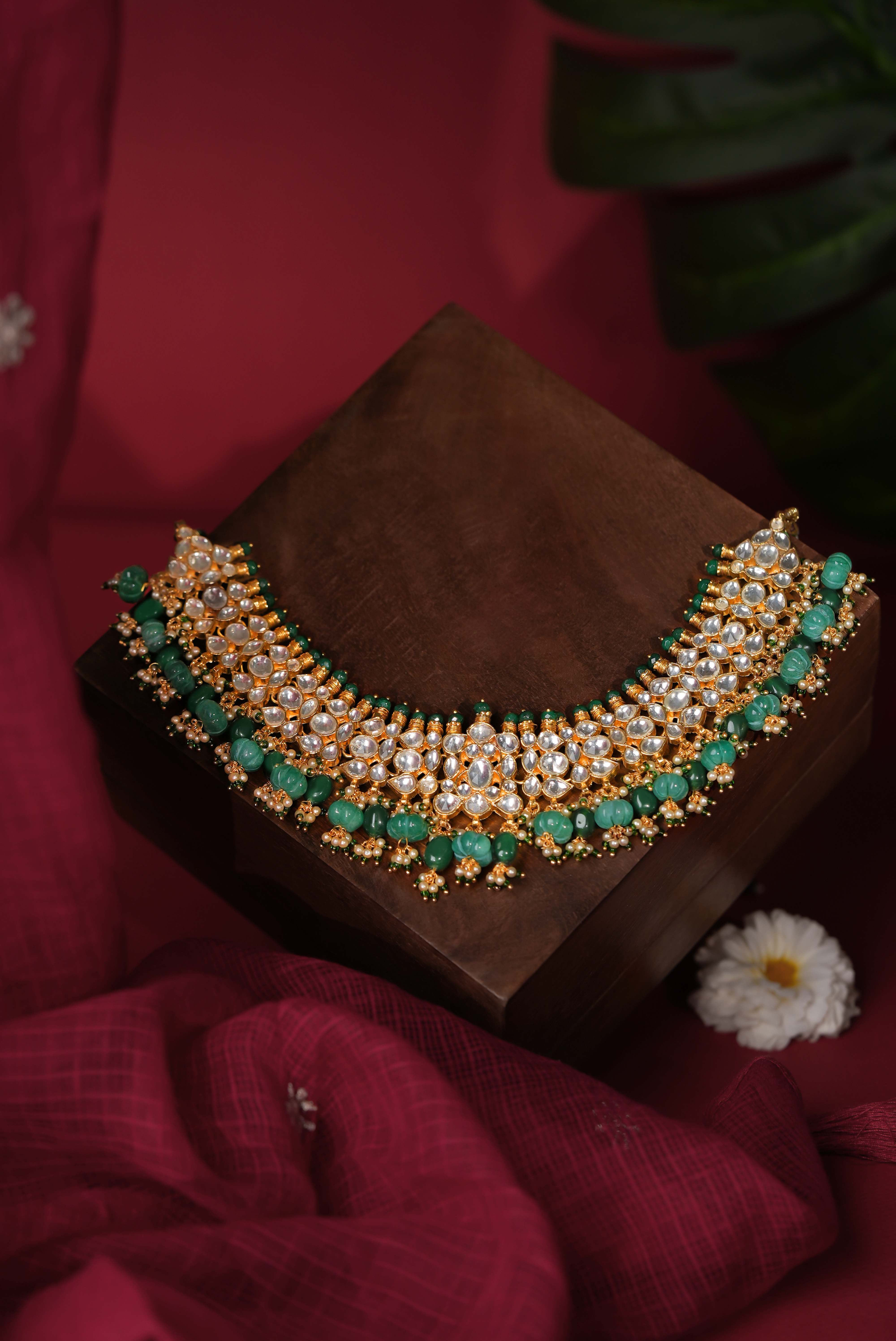 Festive wear choker set with emerald drops