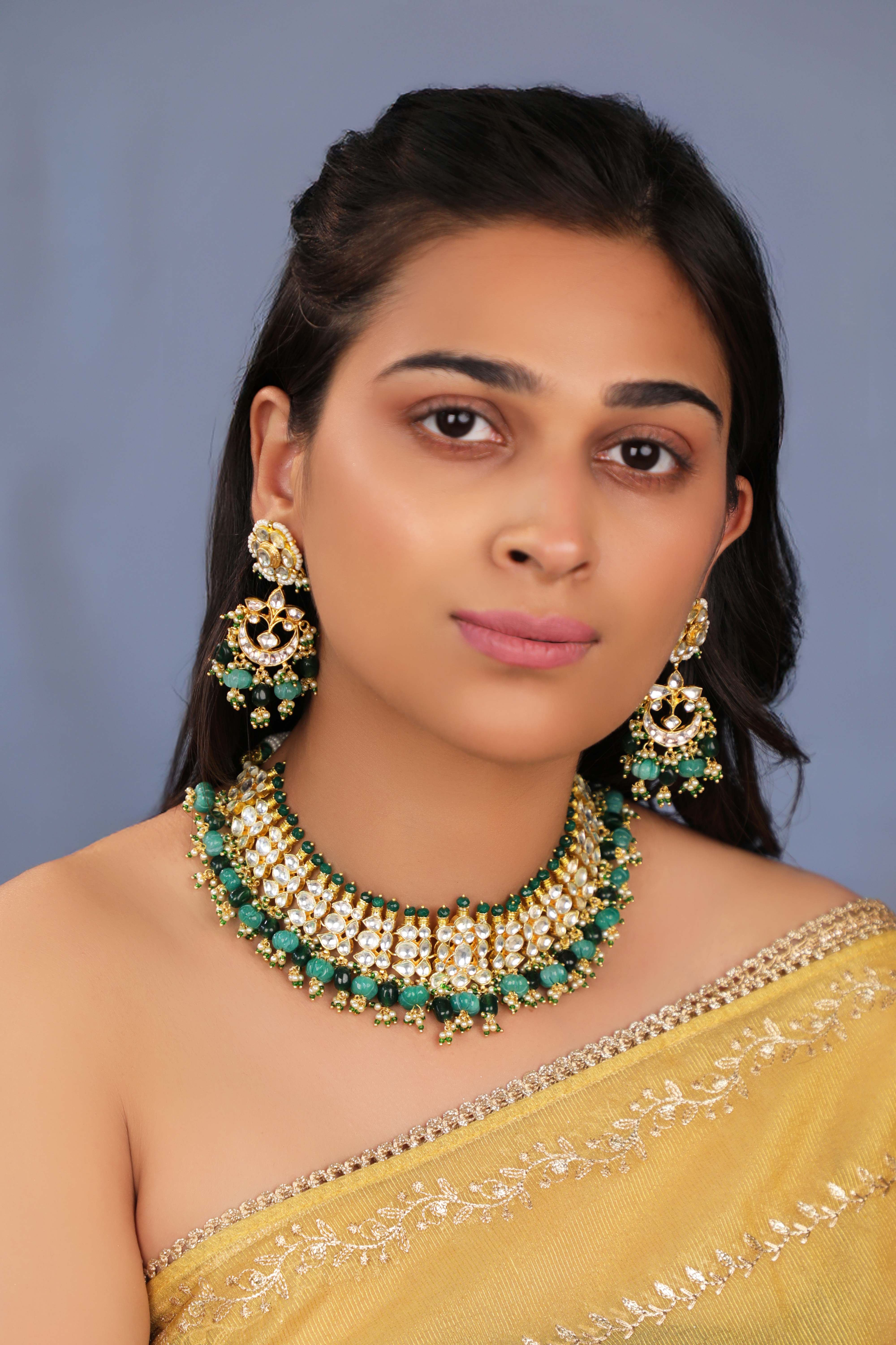 Festive wear choker set with emerald drops