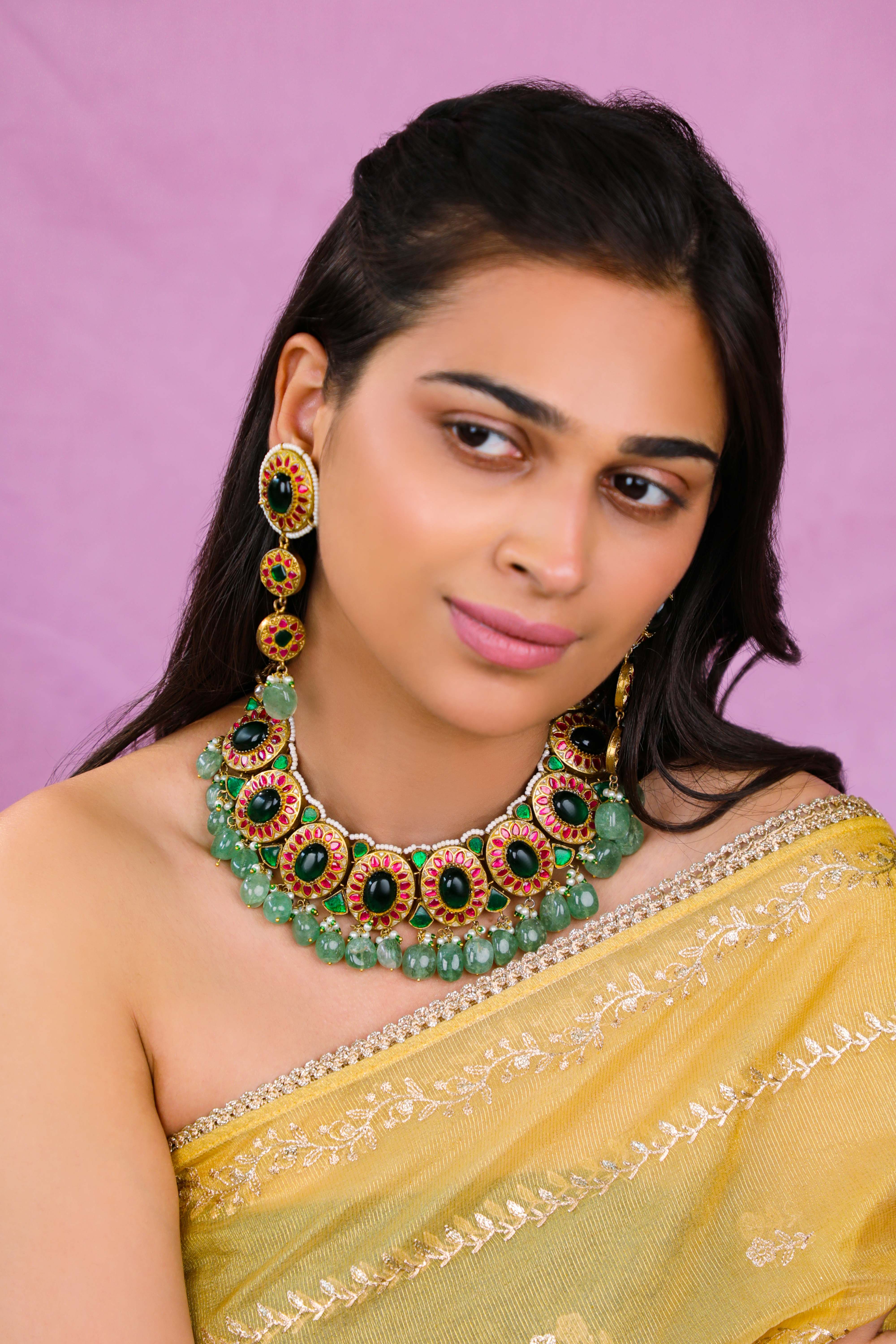 Emerald Mozonite necklace set with Jade Drops
