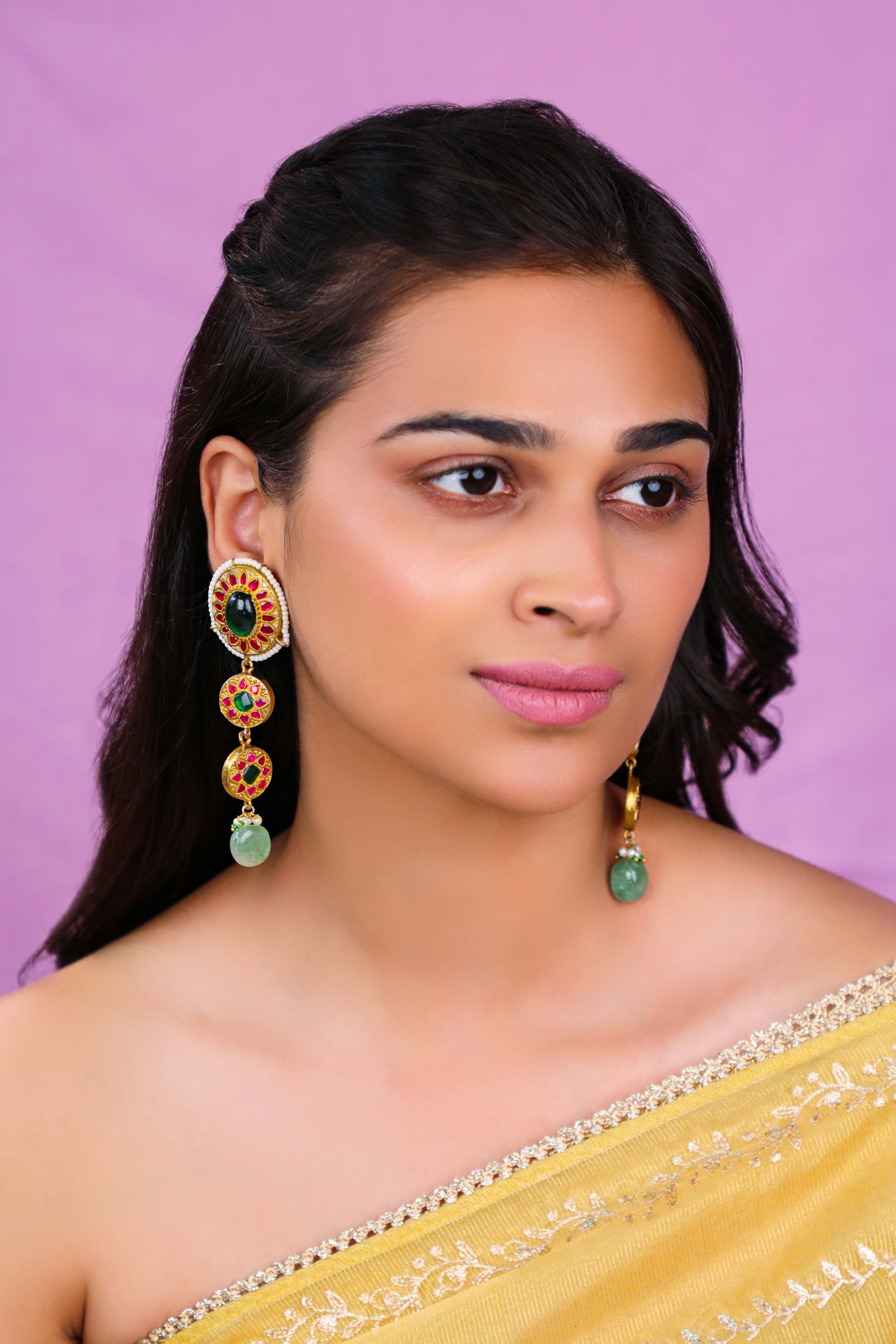 Emerald Mozonite necklace set with Jade Drops