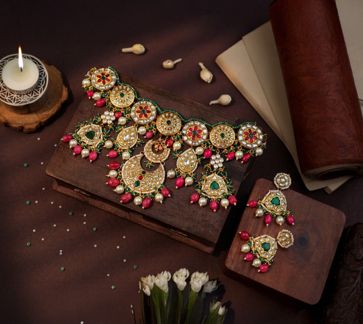 Karigari Necklace set with pearls and ruby beads