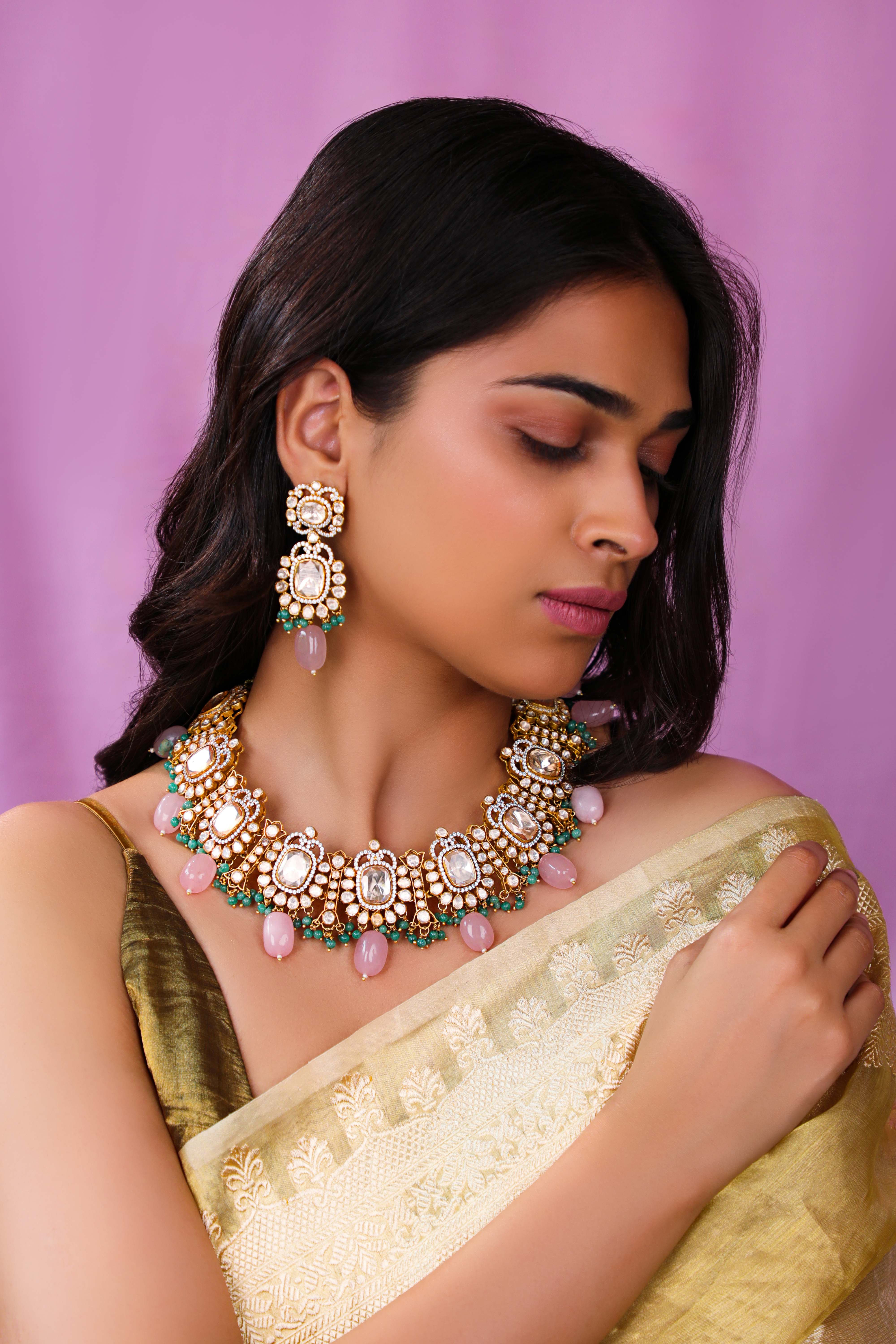 Pastel mozonite necklace set with Jade stones