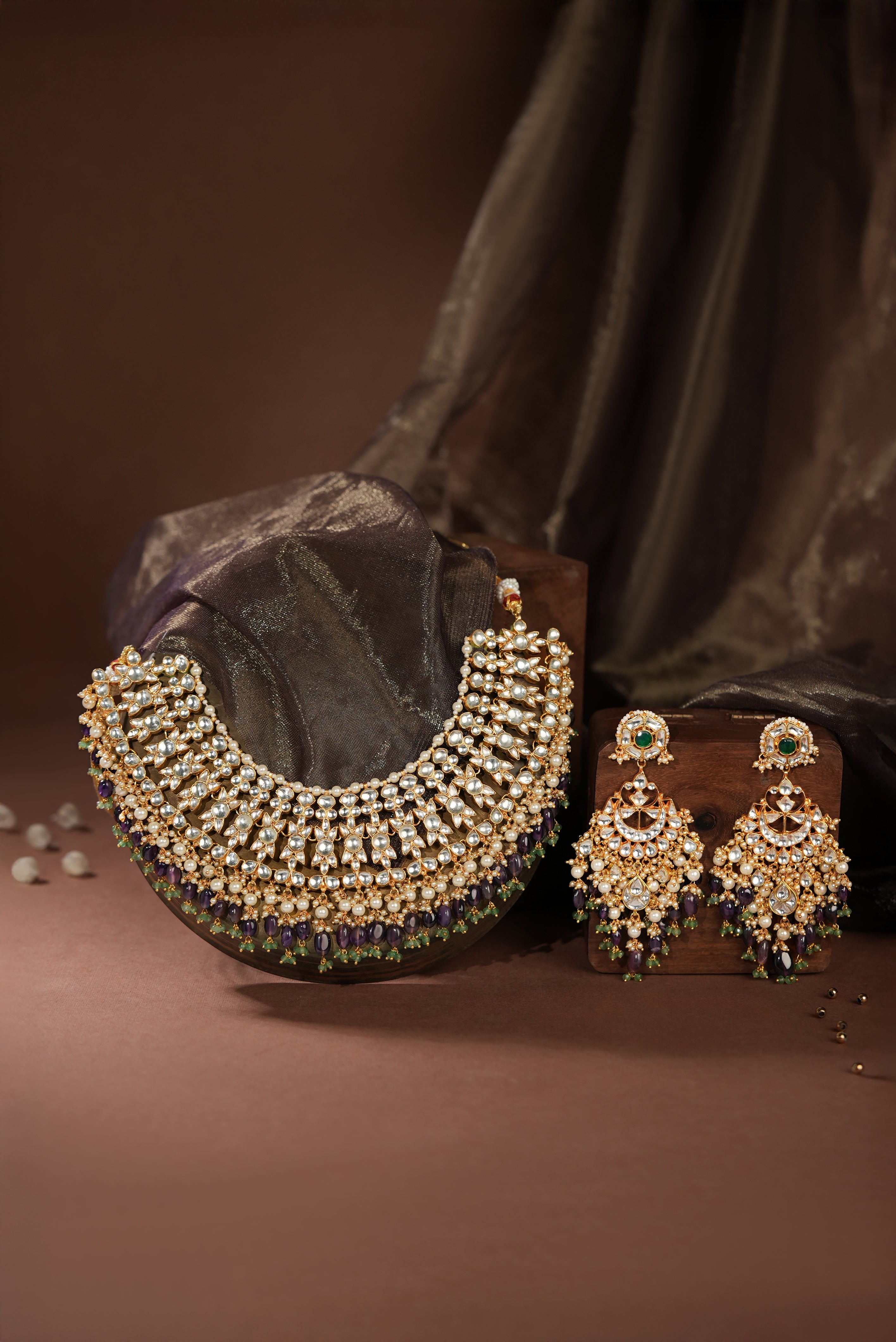 Purple & green jadau bridal necklace set