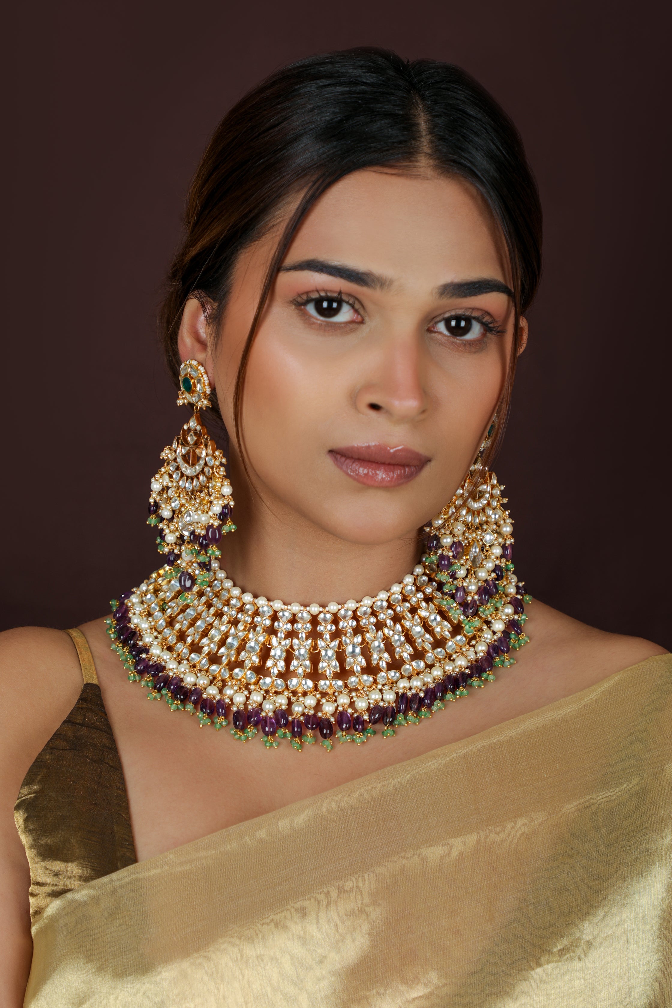 Purple & green jadau bridal necklace set
