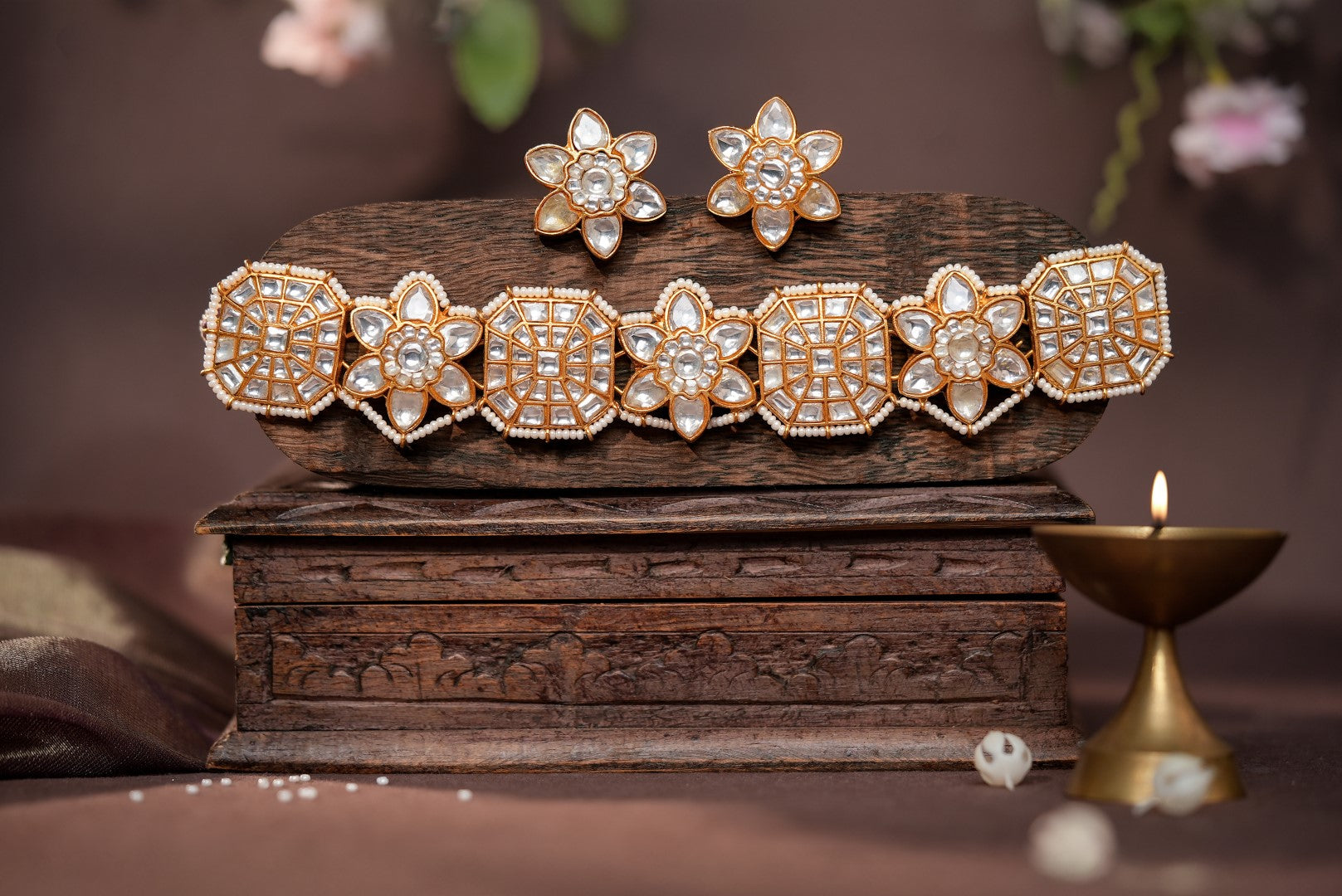 Floral design white choker with studs