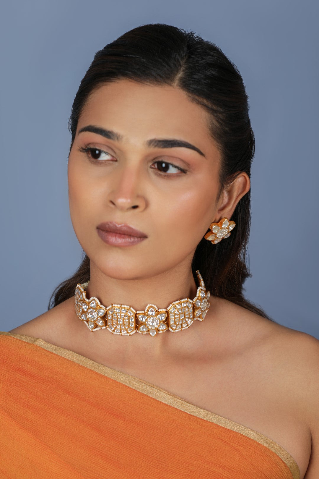 Floral design white choker with studs