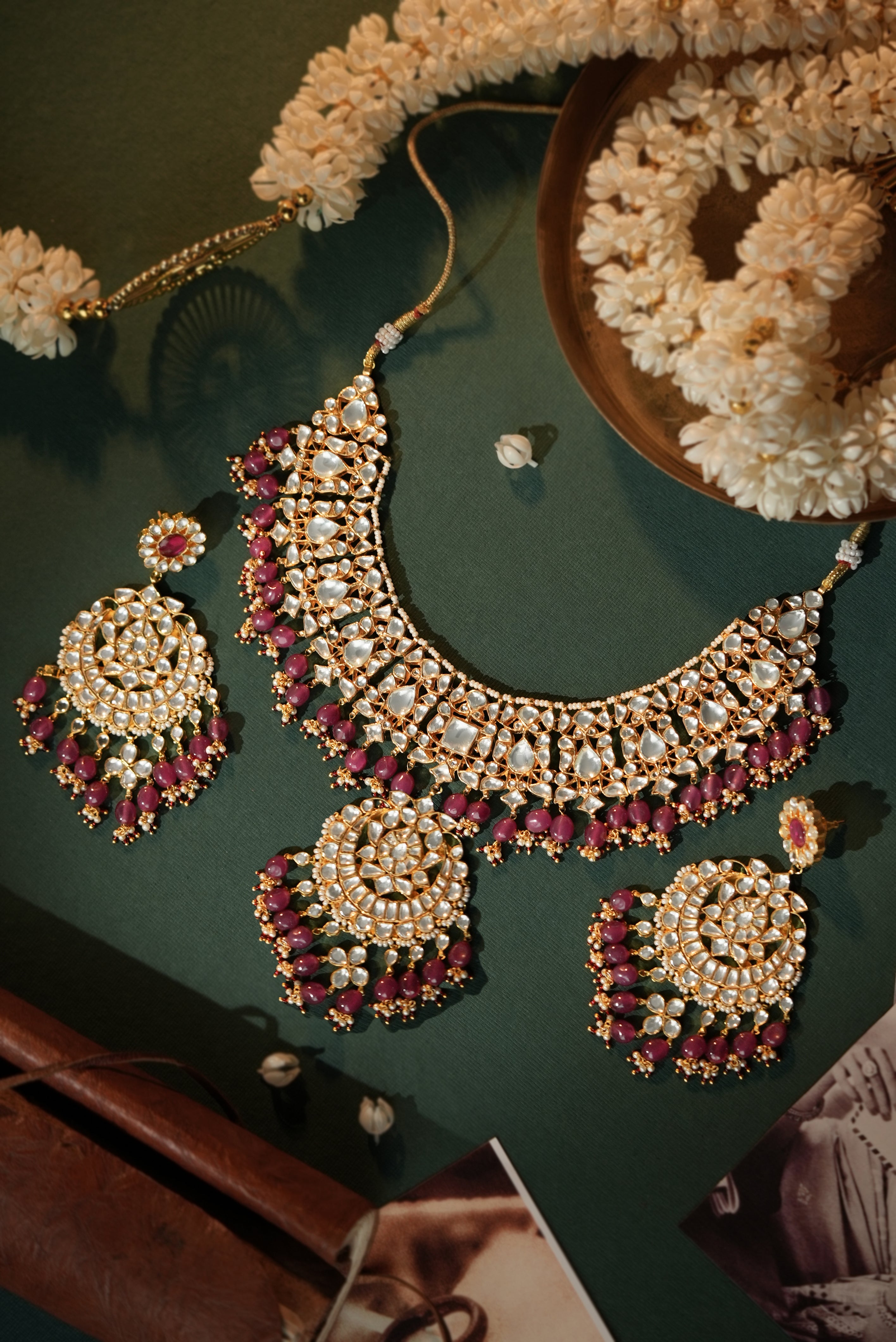Gold plated rose pink beaded necklace set