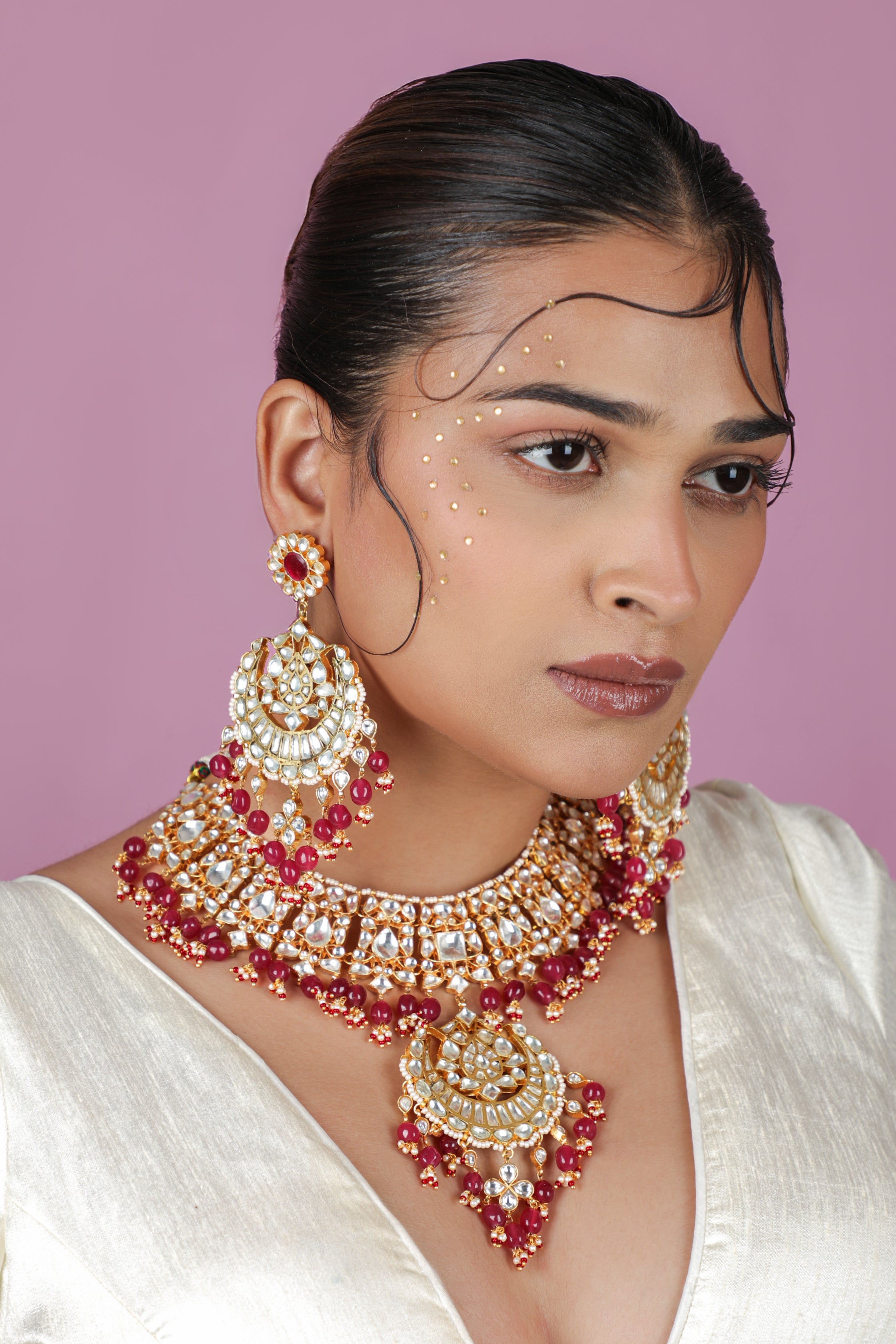 Gold plated rose pink beaded necklace set