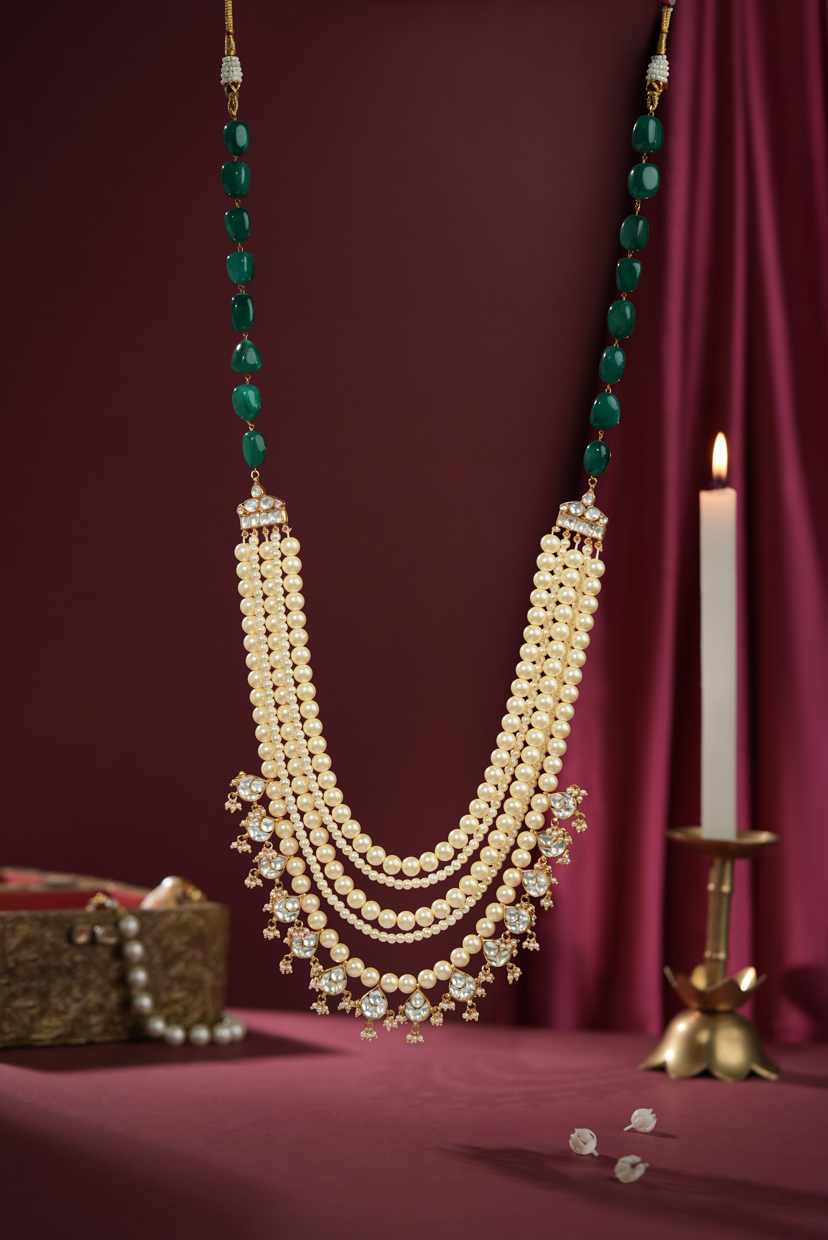 Gold-Plated Multilayer Pearl and Emerald Green Onyx Bead Necklace
