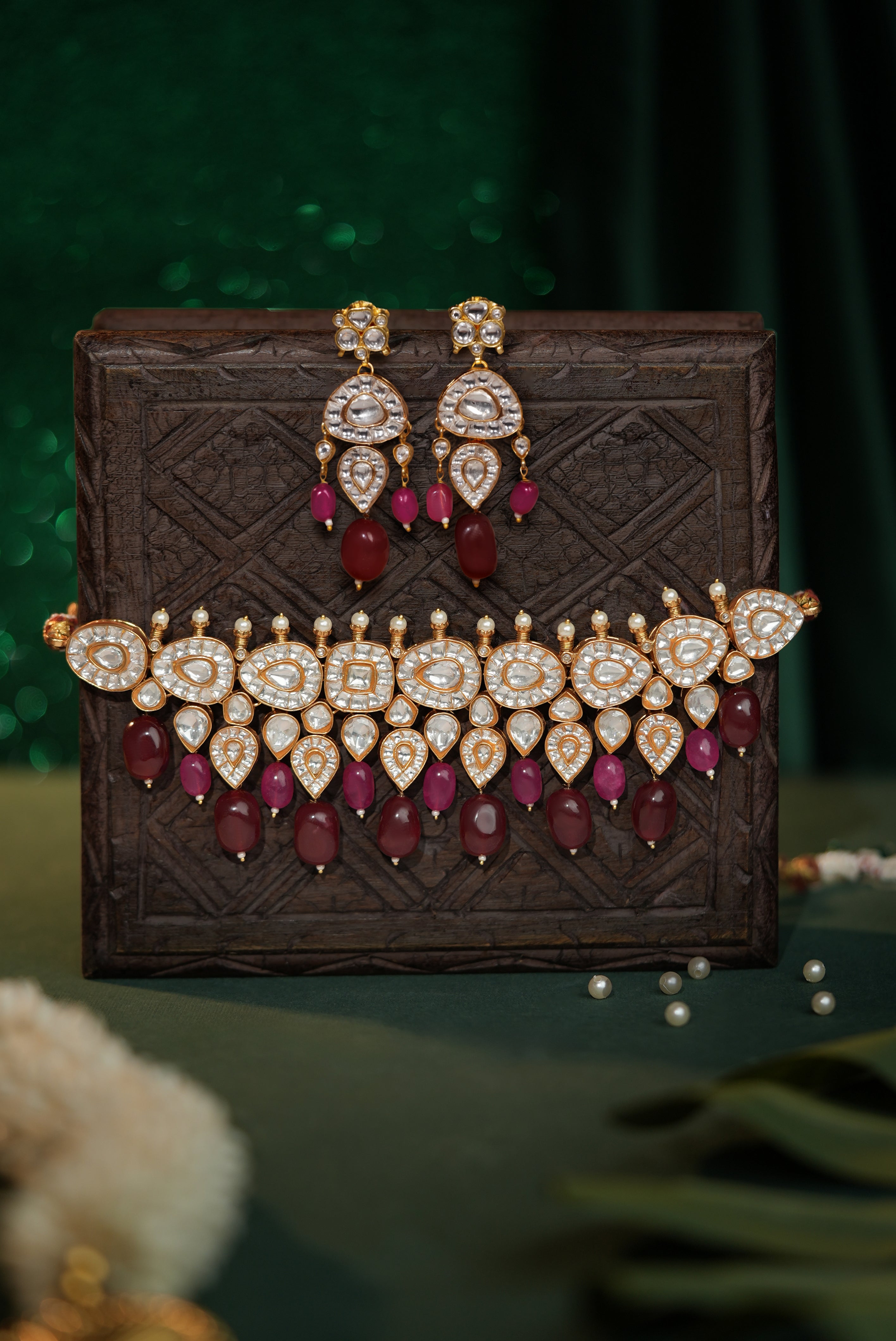 Rani pink gold plated ruby beaded choker necklace set
