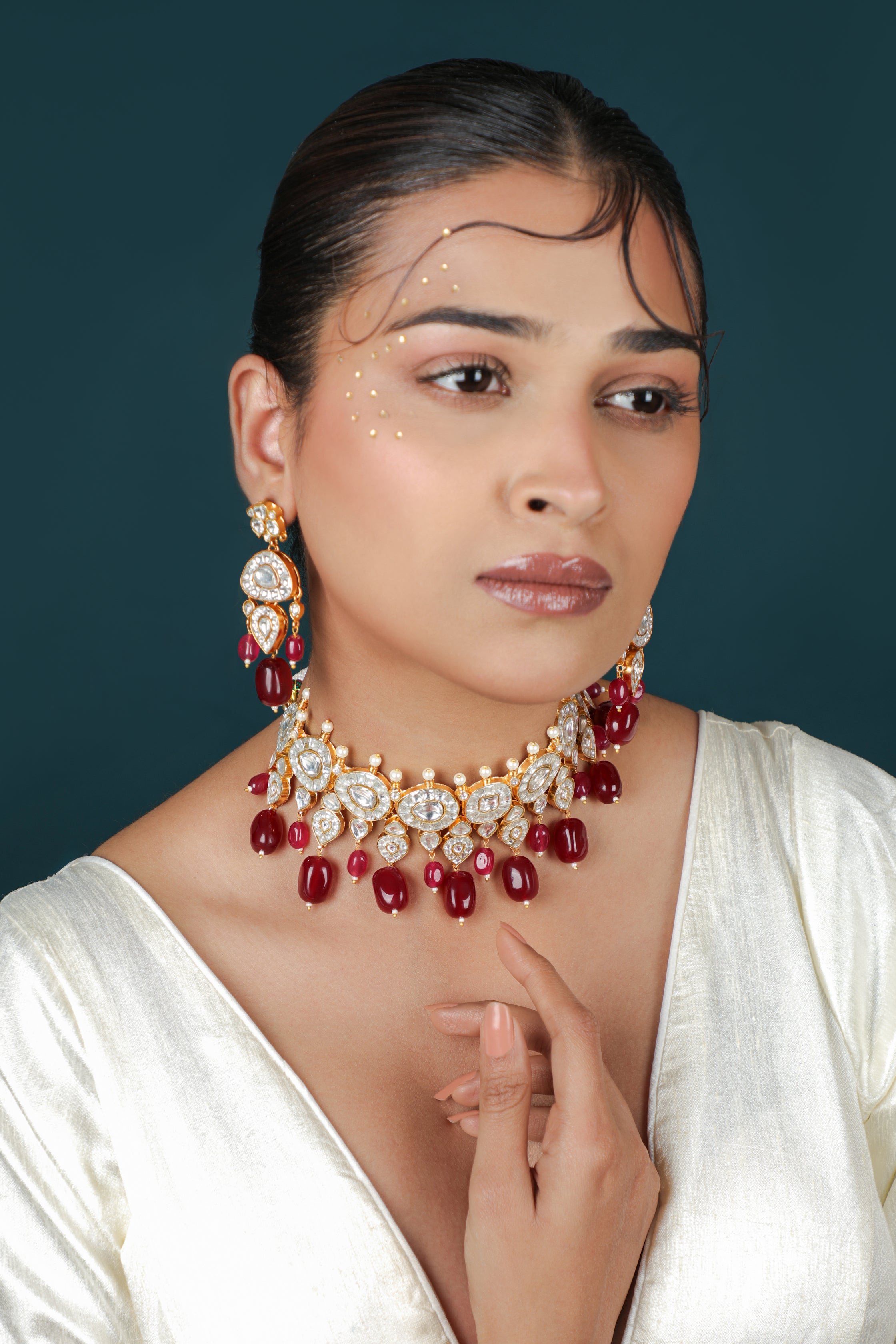 Rani pink gold plated ruby beaded choker necklace set