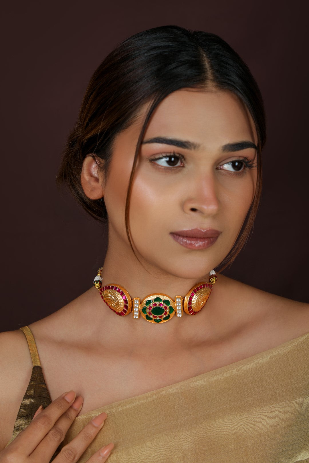 Pink & green colour gold plated choker