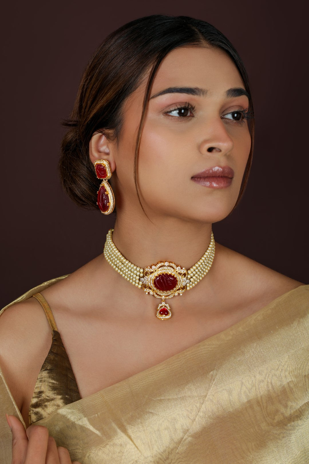 Handcrafted Gold Plated Red Stone statement necklace  Choker Set