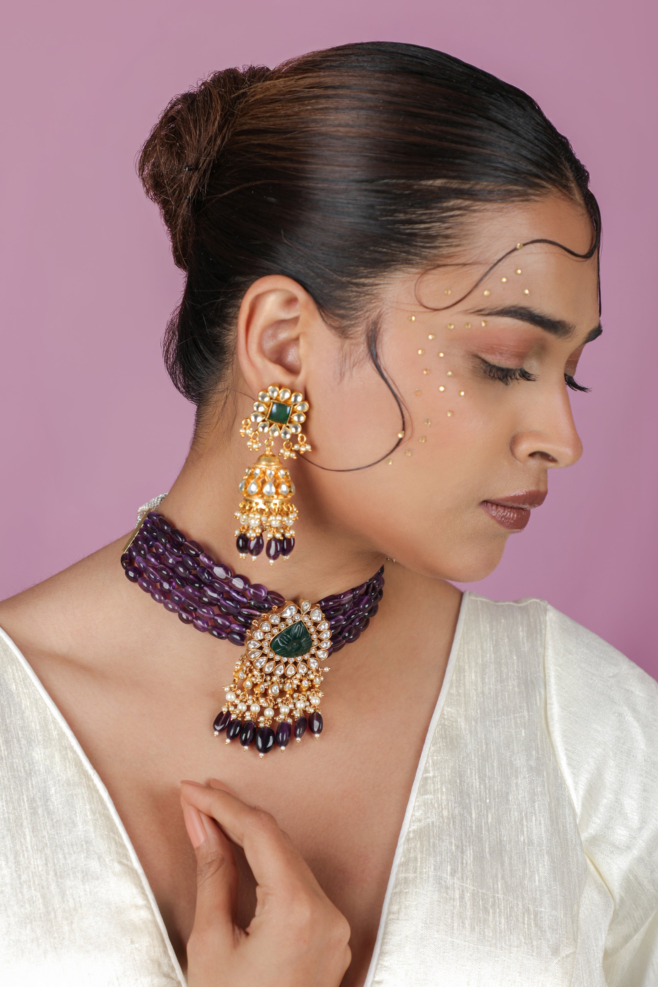 Emerald and Amethyst Beaded jadtar Choker Necklace set