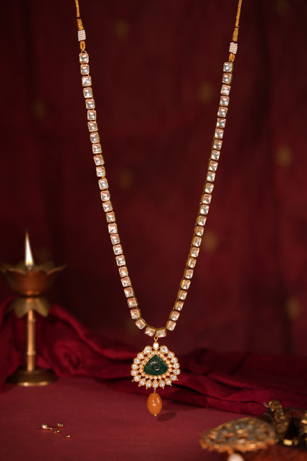 Coral White long necklace with teardrop pendant crafted jadau Necklace.
