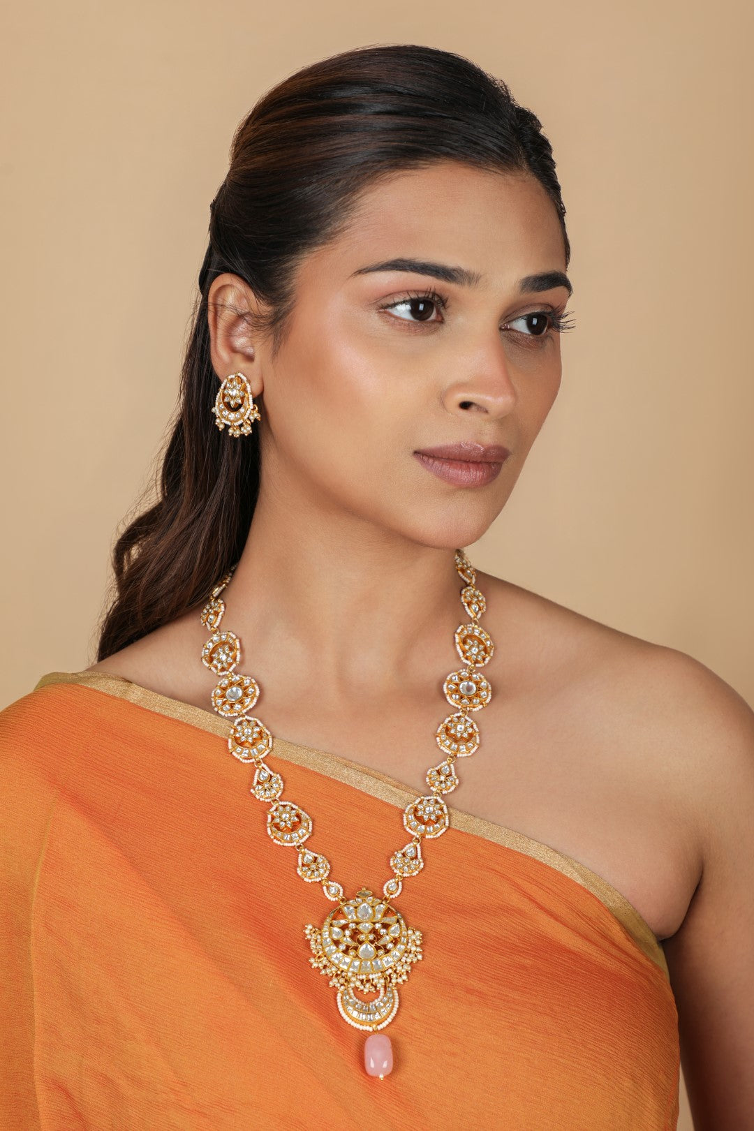 Gold plated jadtar long necklace with studs