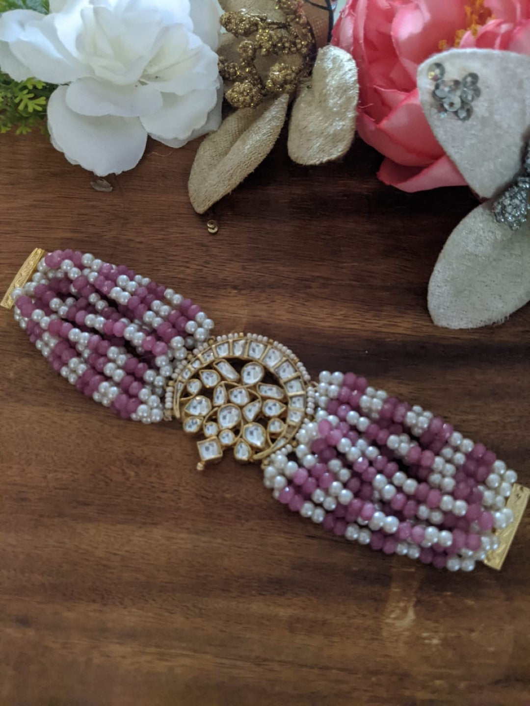 Pink Pearl Beaded Chandshape Maangtikka