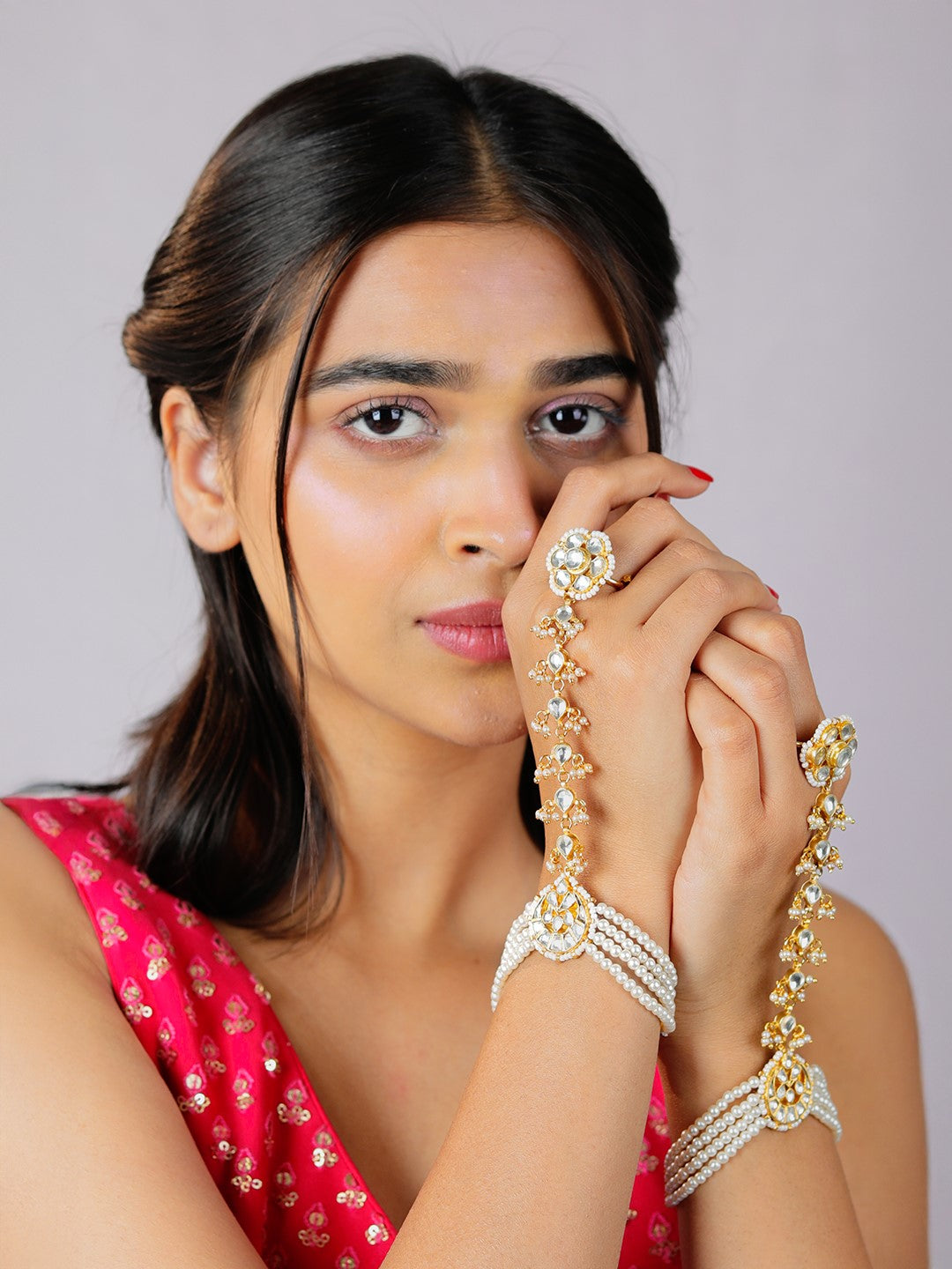 White floral hathphool/hand harness (pair)