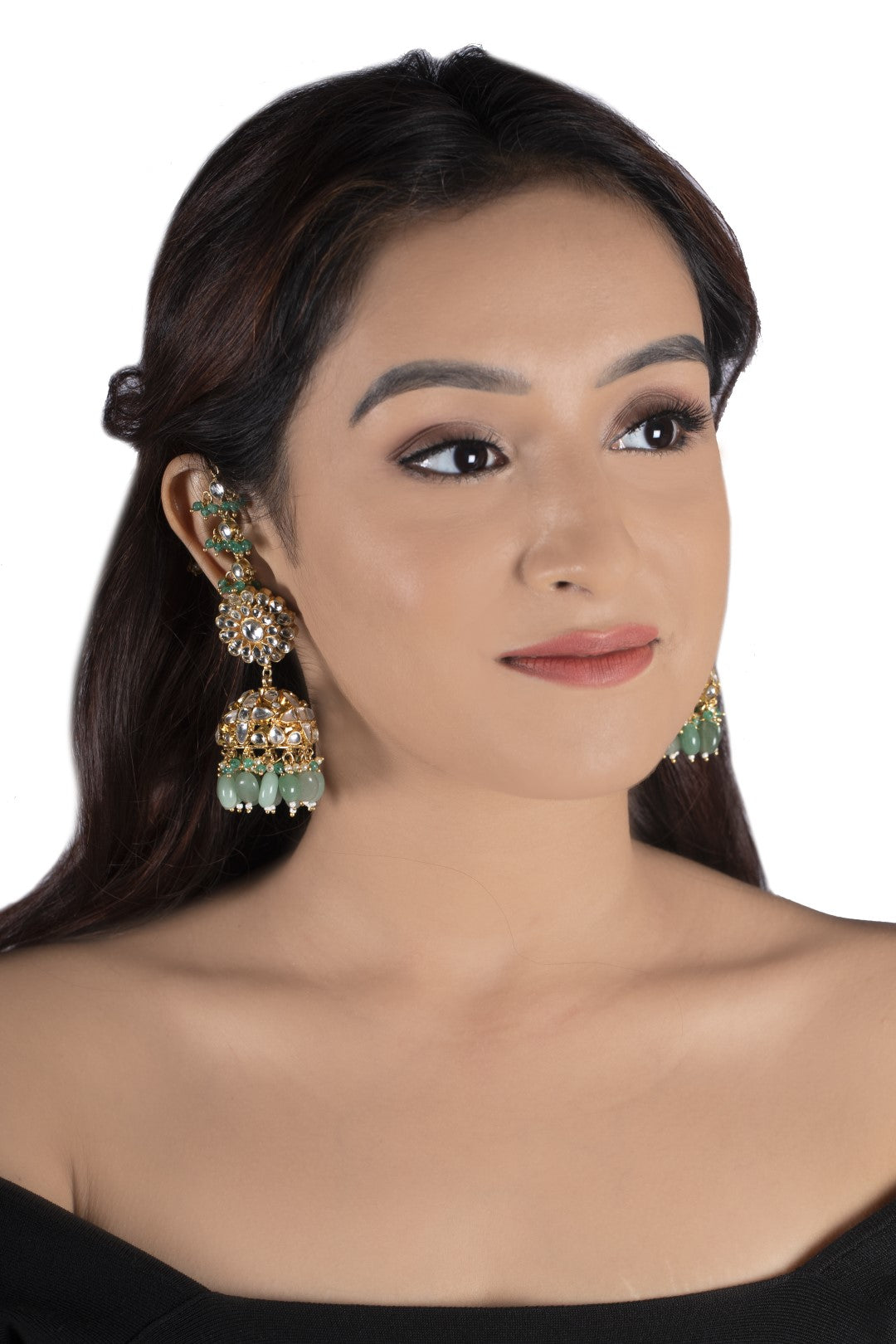 White Stone Jhumki And Sea Green Beads With White Hanging Atteched Ear Chain